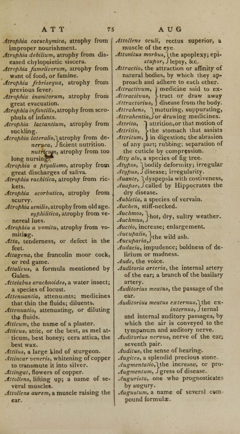 ATT Atrophia cacochymica, atrophy from improper nourishment. Atrophia debilium, atrophy from dis- eased chylopoietic viscera. Atrophia famelicorum, atrophy from want of food, or famine. Atrophia febriseuua, atrophy from previous fever. Atrophia inanitorum, atrophy from great evacuation. Atrophia infantilis, atrophy from scro- phula of infants. Atrophia lactanlium, atrophy from suckling. Atrophia lateralis,\atrophy from de- ncrvea, J ficient nutrition. nutrition, atrophy from too long nursing^ Atrophia a ptyalismo, atrophy from great discharges of saliva. Atrophia rachitica, atrophy from ric- kets. Atrophia scorbutica, atrophy from scurvy. Atrophia senilis, atrophy from old age. syphilitica, atrophy from ve- nereal lues. Atrophia a vomitu, atrophy from vo- mhiig. Atta, tenderness, or defect in the feet. Attagena, the francolin moor cock, or red game. Attalicus, a formula mentioned by Galen. Atteiabus arachnoides, a water insect; a species of locust. Attenuantia, attenuants; medicines that thin the fluids; diluents. Attenuatio, attenuating, or diluting the fluids. Atticum, the name of a plaster. Atticus, attic, or the best, as mel at- ticum, best honey; cera attica, the best wax. Attilus, a large kind of sturgeon. Attincar veneris, whitening of copper to transmute it into silver. Attingat, flowers of copper. Attoltens, lifting up; a name of se- veral muscles. Attollens aurem, a muscle raising the ear. AUG Attollens oculi, rectus superior, a muscle of the eye Attonitus morbw&,\the apoplexy; epi- stupor, J lepsy, &c. Attractio, the attraction or affinity of natural bodies, by which they ap* proach and adhere to each other. Attractivum, \ medicine said to ex- Attractivus, l tract or draw away Aftractorius, j disease from the body. Attrahens, ^maturing, suppurating, Attrahentia,j or drawing medicines. Attrita, 1 attrition,or that motion of Atlritio, Mhe stomach that assists Attritum, J in digestion; the abrasion of any part; rubbing; separation of the cuticle by compression. Atty alu, a species of fig tree. Atypos, ~\ bodily deformity; irregular Atypus,j disease; irregularity. Auante, \dyspepsia with costiveness, Auapse, j called by Hippocrates the dry disease. Aubletia, a species of vervain. Auchm, stiff-necked. uc irn s, l,not {|rv suitry weather. Auchmus, J '  « Auctio, increase; enlargement. f*f/z>)the wild ash. Aucupana^J Audacia, impudence; boldness of de- lirium or madness. Aude, the voice. Auditoria arteria, the internal artery of the ear; a branch of the basilary artery. Auditorius meatus, the passage of the ear. Auditorius meatus externus,~\the ex- internus, Sternal and internal auditory passages, by which the air is conveyed to the tympanum and auditory nerve. Auditorius nervus, nerve of the ear; seventh pair. Auditus, the sense of hearing. Augites, a splendid precious stone. Augmentatio,~\ the increase, or pro- Augmentum, j gress of disease. Augurista, one who prognosticates by augury. Augustum, a name of several c©m pound formulae.