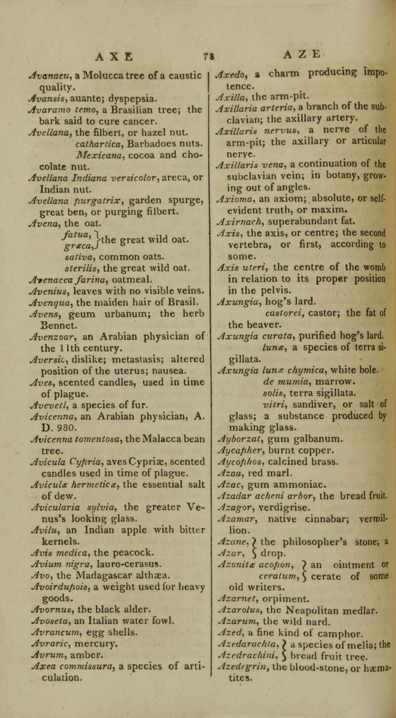 Avanaeu, a Molucca tree of a caustic quality. Avansis, auante; dyspepsia. Avaramo temo, a Brasilian tree; the bark said to cure cancer. Avellana, the filbert, or hazel nut. cathartica, Barbadoes nuts. Mexicana, cocoa and cho- colate nut. Avellana Indiana -versicolor, areca, or Indian nut. Avellana fiurgatrix, garden spurge, great ben, or purging filbert. Avena, the oat. fatua, ■\>the t wUd oaU grneca,J *> saliva, common oats. sterilis, the great wild oat. A-wenacea farina, oatmeal. Avenius, leaves with no visible veins. Avenqua, the maiden hair of Brasil. Avena, geum urbanum; the herb Bennet. Avenzoar, an Arabian physician of the 11th century. Aversic, dislike; metastasis; altered position of the uterus; nausea. Aves, scented candles, used in time of plague. Avevetl, a species of fur. Avicenna, an Arabian physician, A. D. 980. Avicenna tomentosa, the Malacca bean tree. Avicula Cyfiria, avesCypriae, scented candles used in time of plague. Avicula hermetica, the essential salt of dew. Avicularia sylvia, the greater Ve- nus's looking glass. Avilu, an Indian apple with bitter kernels. Avis medica, the peacock. Avium nigra, lauro-cerasus. Avo, the Madagascar althaea. Avoirdufiois, a weight used for heavy goods. Avornus, the black alder. Avoseta, an Italian water fowl. Avrancum, egg shells. Avraric, mercury. Avrum, amber. Axea commissura, a species of arti- culation. A Z E Axedo, a charm producing impo- tence. Axilla, the arm-pit. Axillaria arteria, a branch of the sub- clavian; the axillary artery. Axillaris nervus, a nerve of the arm-pit; the axillary or articular nerve. Axillaris vena, a continuation of the subclavian vein; in botany, grow- ing out of angles. Axioma, an axiom; absolute, or self- evident truth, or maxim. Axirnach, superabundant fat. Axis, the axis, or centre; the second vertebra, or first, according to some. Axis uteri, the centre of the womb in relation to its proper position in the pelvis. Axungia, hog's lard. castorei, castor; the fat of the beaver. Axungia curata, purified hog's lard. lunx, a species of terra si- giliata. Axungia lunx chymica, white bole. de mumia, marrow. solis, terra sigillata. vitri, sandiver, or salt of glass; a substance produced by making glass. Ayborzat, gum galbanum. Aycapher, burnt copper. Aycofihos, calcined brass. Azaa, red marl. Azac, gum ammoniac. Azadar acheni arbor, the bread fruit. Azagor, verdigrise. Azamar, native cinnabar; vermil- lion. Azane, > the philosopher's stone; a Azar, $ drop. an ointment or cerate of some Azonitx aco/ion, ceratum old writers. Azarnet, orpiment. Azarolus, the Neapolitan medlar. Azarum, the wild nard. Azed, a fine kind of camphor. Azedarachta, > a species of melia; the Azedrachini, $ bread fruit tree. Azedrgrin, the blood-stone, or haema- tites.