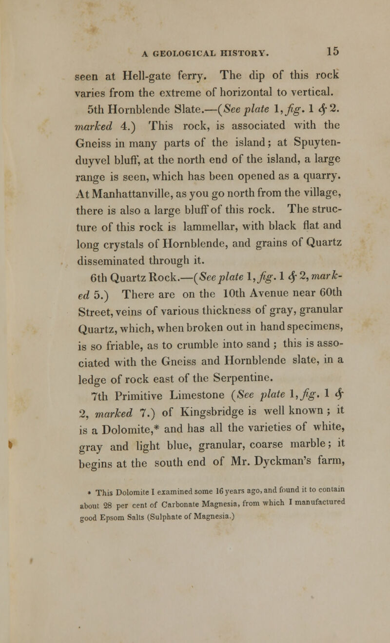 seen at Hell-gate ferry. The dip of this rock varies from the extreme of horizontal to vertical. 5th Hornblende Slate.—(See plate l,fig» 1 42* marked 4.) This rock, is associated with the Gneiss in many parts of the island; at Spuyten- duyvel bluff, at the north end of the island, a large range is seen, which has been opened as a quarry. At Manhattanville, as you go north from the village, there is also a large bluff of this rock. The struc- ture of this rock is lammellar, with black flat and long crystals of Hornblende, and grains of Quartz disseminated through it. 6th Quartz Rock.—(Seeplate l,fig.l#2, mark- ed 5.) There are on the 10th Avenue near 60th Street, veins of various thickness of gray, granular Quartz, which, when broken out in hand specimens, is so friable, as to crumble into sand ; this is asso- ciated with the Gneiss and Hornblende slate, in a ledge of rock east of the Serpentine. 7th Primitive Limestone (See plate hfig. 1 4* 2, marked 7.) of Kingsbridge is well known ; it is a Dolomite,* and has all the varieties of white, gray and light blue, granular, coarse marble; it begins at the south end of Mr. Dyckman's farm, * This Dolomite I examined some 16 years ago, and found it to contain about 28 per cent of Carbonate Magnesia, from which I manufactured good Epsom Salts (Sulphate of Magnesia.)