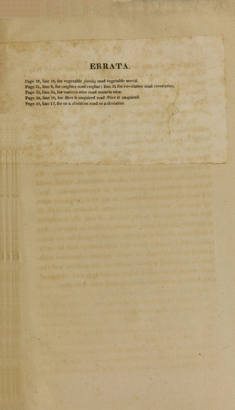 ERRATA. Page 16, line 10, for vegetable family read vegetable world. Page 21, line 9, for confines read confine; line 31 for co-relative read correlative. Page 22, line 24, for materia vitce read materia vitas. Page 24, line 16, ior Here it enquired read Were it enquired. Page 2 5, line 17, for or a deviation read or a deviation ■