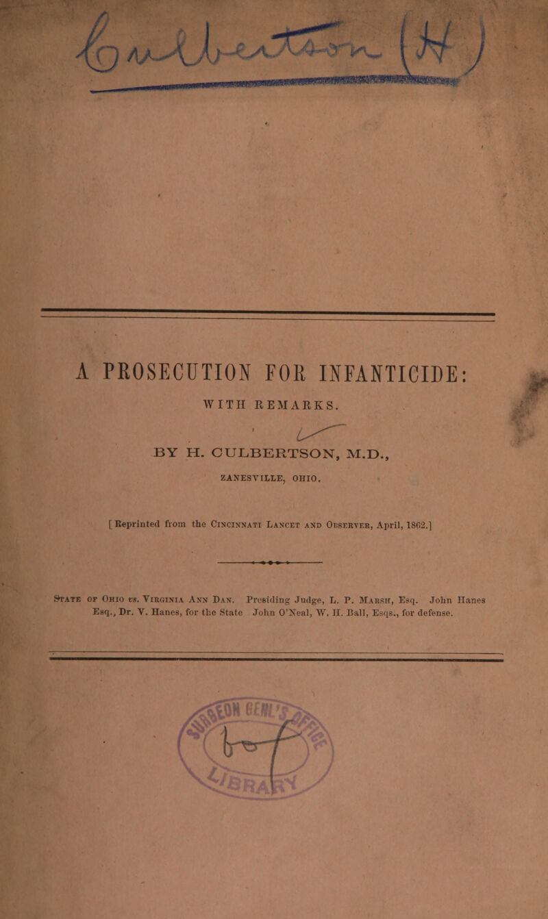 WITH REMARKS. BY H. CULBERTSON, M.D., ZAXESVILLE, OHIO. [ Reprinted from the CINCINNATI LANCET and Observer, April, 1802.] !*tate of Ohio rs. Virginia Ann Dan. Presiding Judge, L. P. Marsh, Esq. John Hanes