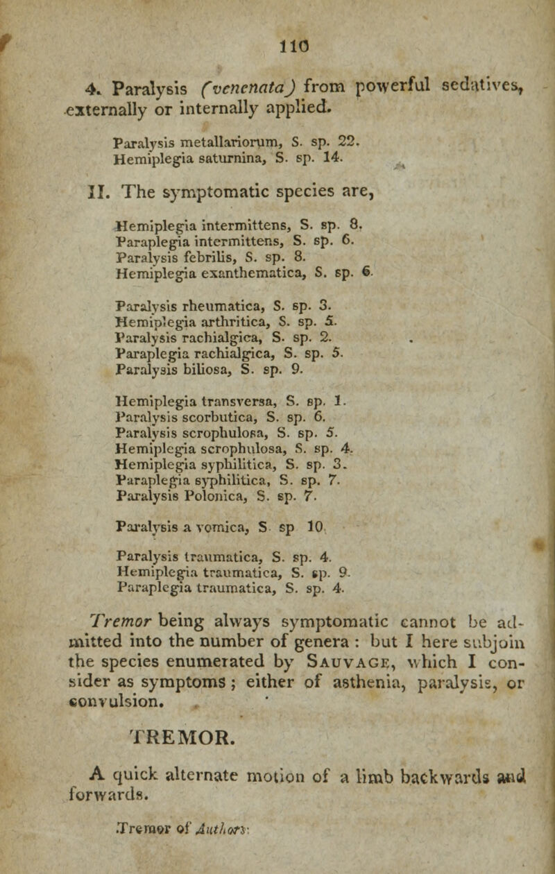 4. Paralysis (venenata) from powerful sedatives, externally or internally applied. Paralysis metallariorum, S. sp. 22. Hemiplegia saturnina, S. sp. 14. II. The symptomatic species are, Hemiplegia intermittens, S. sp. 8. Paraplegia intermittens, S. sp. 6. Paralysis febrilis, S. sp. 8. Hemiplegia exanthematica, S. sp. 6. Paralysis rheumatica, S. sp. 3. Hemiplegia arthritica, S. sp. 5. Paralysis rachialgica, S. sp. 2. Paraplegia rachialgica, S. sp. 5. Paralysis biliosa, S. sp. 9. Hemiplegia transversa, S. sp. I. Paralysis scorbutica, S. sp. 6. Paralysis scrophulosa, S. sp. 5. Hemiplegia scrophulosa, S. sp. 4. Hemiplegia syphilitica, S. sp. 3. Paraplegia syphilitica, S. sp. 7- Paralysis Polonica, S. sp. 7. Paralysis a vomica, S sp 10 Paralysis traumatica, S. sp. 4. Hemiplegia traumatica, S. sp. 9. Paraplegia traumatica, S. sp. 4. Tremor being always symptomatic cannot be ad- mitted into the number of genera : but I here subjoin the species enumerated by Sauvage, which I con- sider as symptoms ; either of asthenia, paralysis, or sonvulsion. TREMOR. A quick alternate motion of a limb backwards and forwards. .T re raw of Authors-