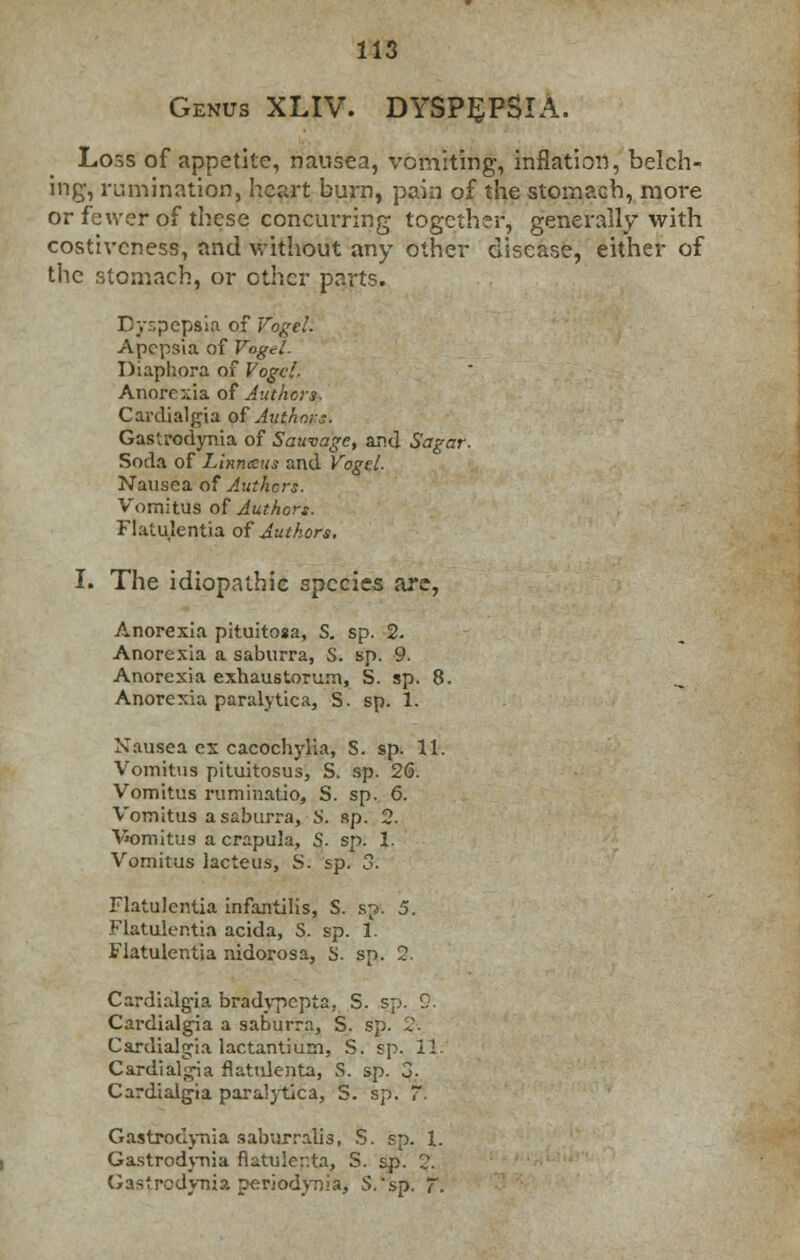 Genus XLIV. DYSPEPSIA. Loss of appetite, nausea, vomiting, inflation, belch- ing, rumination, heart burn, pain of the stomach, moi-e or fewer of these concurring together, generally with costivcness, and without any other disease, either of the stomach, or other parts. Dyspepsia of Vogel: Apepsia of Vogel. Diapliora of Vogel. Anorexia of Authors. Cardialgia of Authors. Gastrodynia of Sauvage, and Sagar. Soda of Linnaeus and Vogel. Nausea of Authors. Vomitus of Authors. Flatulentia of Authors. I. The idiopathic species are, Anorexia pituitosa, S. sp. 2. Anorexia a saburra, S. sp. 9. Anorexia exhaustorum, S. sp. 8. Anorexia paralytica, S. sp. 1. Nausea ex cacochylia, S. sp. 11. Vomitus pituitosus, S. sp. 2G. Vomitus ruminatio, S. sp. 6. Vomitus a saburra, S. sp. 2. V'omitus a crapula, S. sp. 1. Vomitus lacteus, S. sp. 3. Flatulentia infantilis, S. sp. 5. Flatulentia acida, S. sp. I. Flatulentia nidorosa, S. sp. 2. Cardialg-ia bradypepta. S. sp. 9. Cardialgia a saburra, S. sp. 2. Cardialjia lactantiurn, S. sp. 11. Cardialgia flatulenta, S. sp. 3. Cardialgia paralytica, S. sp. 7■ Gastrodynia saburrali3, S. sp. 1. Gastrodynia flatuler.ta, S. sp. 2. Gastrodynia periodynia, S.sp. T.