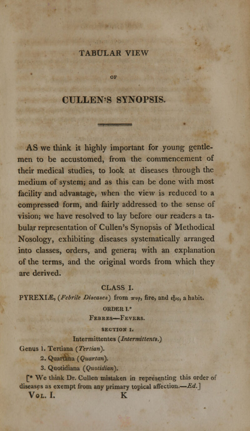 CULLEN'S SYNOPSIS. AS we think it highly important for young gentle- men to be accustomed, from the commencement of their medical studies, to look at diseases through the medium of system; and as this can be done with most facility and advantage, when the view is reduced to a compressed form, and fairly addressed to the sense of vision; we have resolved to lay before our readers a ta- bular representation of Cullen's Synopsis of Methodical Nosology, exhibiting diseases systematically arranged into classes, orders, and genera; with an explanation of the terms, and the original words from which they are derived. CLASS I. PYREXIA, {Febrile Diseases) from srvf, fire, and t|<s, a habit. ORDER I.* Febres—Fevers, section i. Intermittentes (Intermittents.) Genus 1. Tertiana (Tertian). 2. Quar&na (Quartan). 3. Quotidiana (Quotidian). [* We think Dr. Cullen mistaken in representing this order of diseases as exempt from any primary topical affection.—Ed.] Vol. I. K