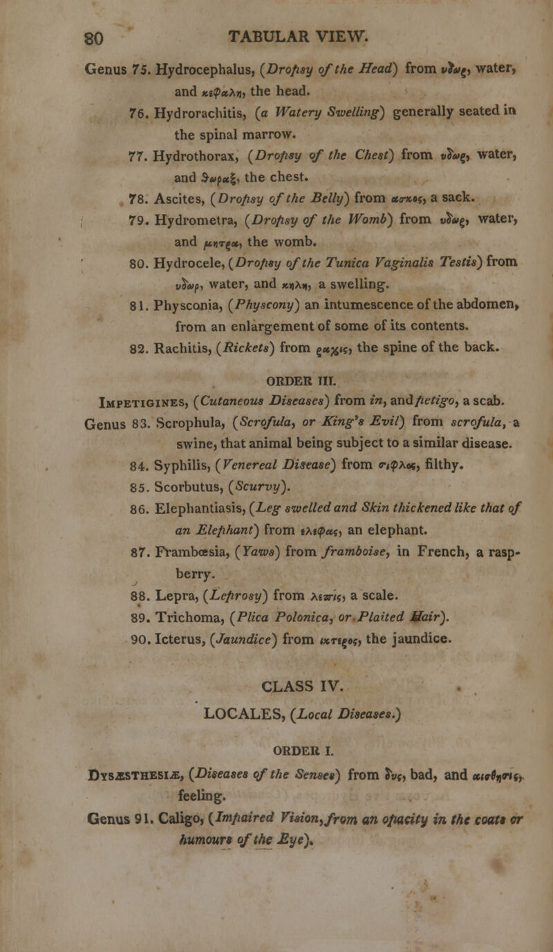 Genus 75. Hydrocephalus, (Drofisy of the Head) from vtu^, water, and KiipaMtthe head. 76. Hydrorachitis, (a Watery Swelling) generally seated in the spinal marrow. 77. Hydrothorax, (Drofisy of the Chest) from t»S*g, water, and $*p*|, the chest. 78. Ascites, (Drofisy of the Belly) from *<rx«s, a sack. 79. Hydrometra, (Drofisy of the Womb) from w$»g, water, and fcnr^ety the womb. 80. Hydrocele, (Drofisy of the Tunica Vaginalis Testis) from v&vp, water, and xjjAh, a swelling. 81. Physconia, (Physcony) an intumescence of the abdomen, from an enlargement of some of its contents. 82. Rachitis, (Rickets) from §«>$<?> the spine of the back. ORDER TIL Impetigines, (Cutaneous Diseases) from in, andfietigo, a scab. Genus 83. Scrophula, (Scrofula, or King's Evil) from scrofula, a swine, that animal being subject to a similar disease. 84. Syphilis, (Venereal Disease) from o-^Aos, filthy. 85. Scorbutus, (Scurvy). 86. Elephantiasis, (Leg swelled and Skin thickened like that of an Elefihant) from tM<p<tf, an elephant. 87. Frambcesia, (Yaws) from framboise, in French, a rasp- berry. 88. Lepra, (Lefirosy) from Aes-ij, a scale. 89. Trichoma, (Plica Polonica, or.Plaited Mair). 90. Icterus, (Jaundice) from ««§«?, the jaundice. CLASS IV. LOCALES, (Local Diseases.) ORDER I. Dysesthesia, (Diseases of the Senses) from $v(, bad, and ««^««, feeling. Genus 91. Caligo, (Imfiaired Vision, from an opacity in the coati or humour* of the Eye)*