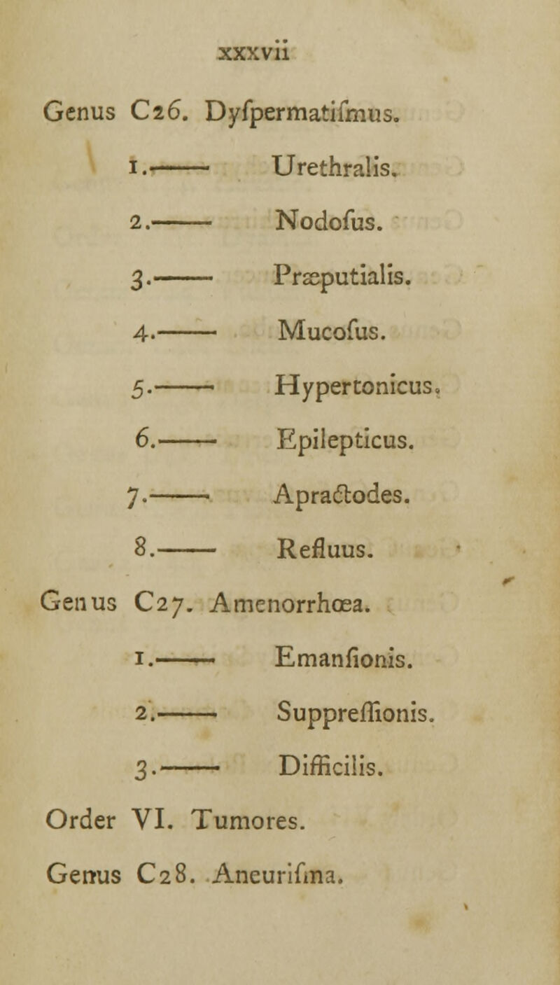 Genus C26. Dyfpermatifmus. 1. Urethralis. 2. Nodofus. 3. Prseputialis. 4- Mucofus. 5. Hypertonicus, 6. Epilepticus. 7. Apra&odes. 8. Refluus. Genus C27. Amenorrhoea. 1. Emanfionis. 2. Suppreflionis. 3. Difficilis. Order VI. Tumores. Genus C28. Ancurifma.