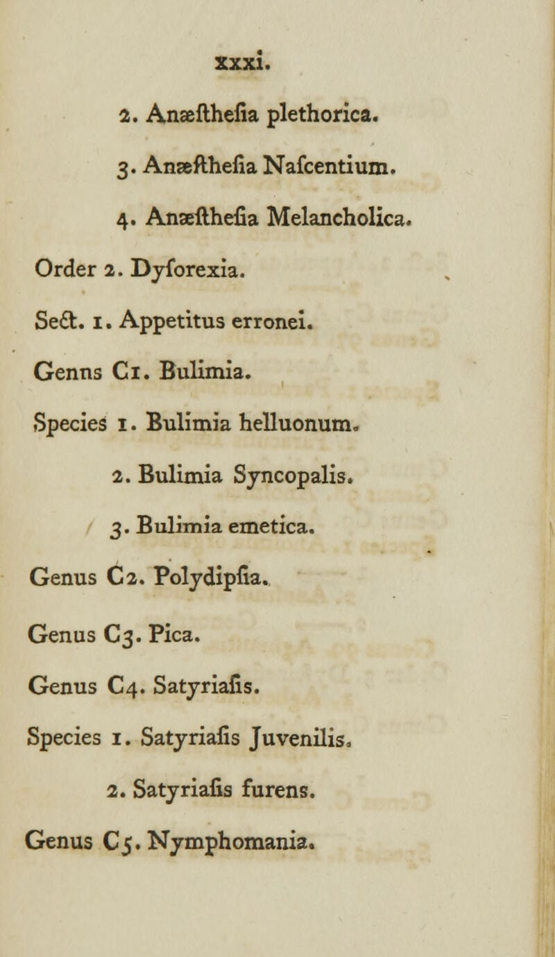 2. Anaefthefia plethorica. 3. Anaefthefia Nafcentium. 4. Anaefthefia Melancholica. Order 2. Dyforexia. Sect. 1. Appetitus erronei. Genns Ci. Bulimia. Species 1. Bulimia helluonum. 2. Bulimia Syncopalis. 3. Bulimia emetica. Genus C2. Polydipsia. Genus C3. Pica. Genus C4. Satyriafis. Species 1. Satyriafis Juvenilis. 2. Satyriafis furens. Genus C5. Nymphomania.