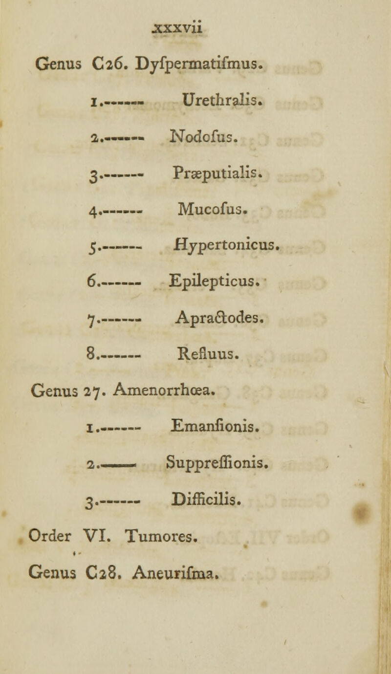 JCXXVU Genus Ca6. Dyfpermatifmus. i.—... Urethralis. 2,.—— Nodofus. 2 Prseputialis. 4. Mucofus. 5. Hypertonic us. 6. Epilepticus. >j. Apra&odes. 8 Refluus. Genus 27. Amenorrhea. i.. Emaniionis. 2. . ■ Suppreffionis. 3. Difficilis. Order VI. Tumores. Genus C28. Aneurifma.