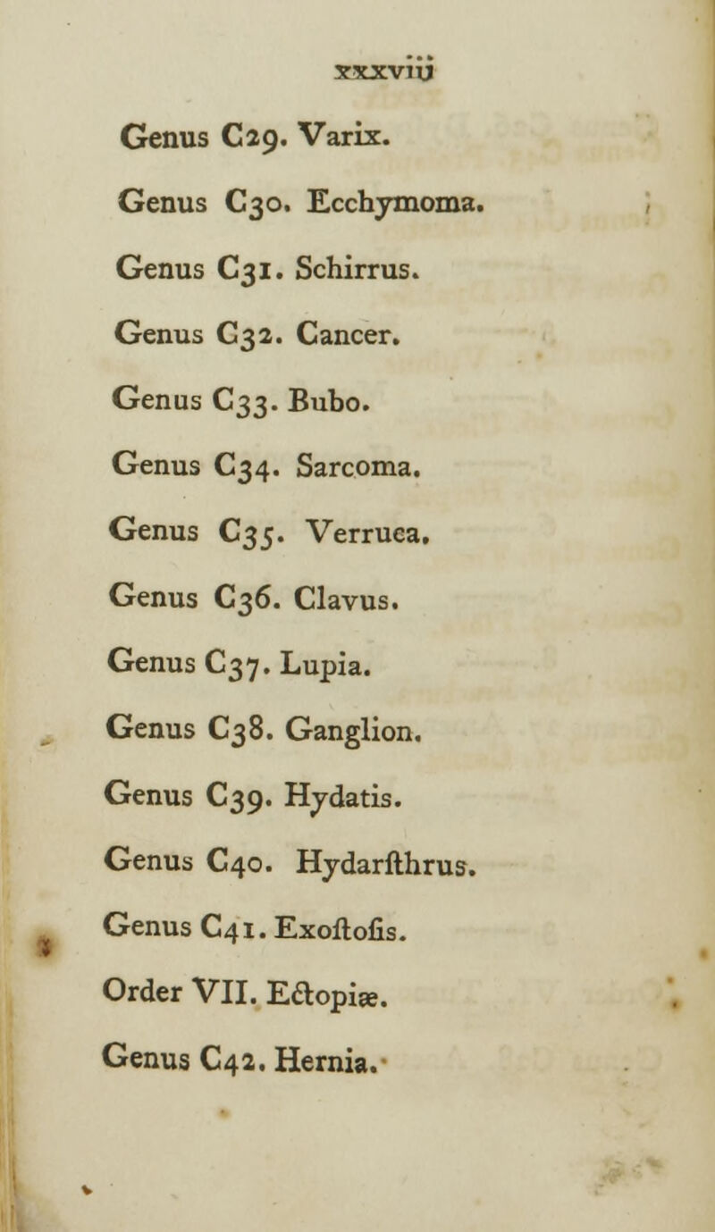 Genus C29. Varix. Genus C30. Ecchymoma. Genus C31. Schirrus. Genus C32. Cancer. Genus C33. Bubo. Genus C34. Sarcoma. Genus C35. Verruca. Genus C36. Clavus. Genus C37. Lupia. Genus C38. Ganglion. Genus C39. Hydatis. Genus C40. Hydarfthrus. Genus C41. Exoftofis. Order VII. Eftopiw. Genus C42. Hernia.