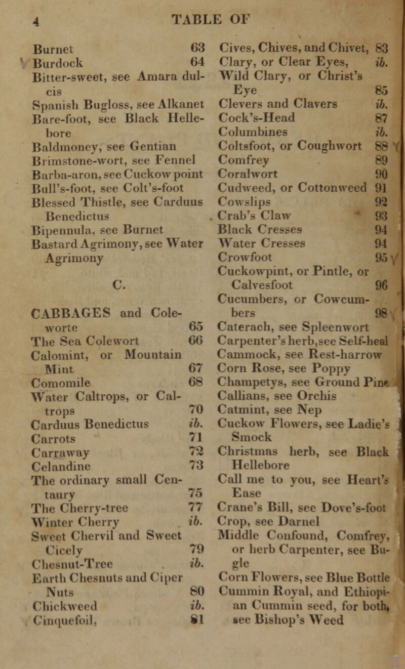Burnet 63 Burdock 64 Bitter-sweet, see Amara dul- cis Spanish Bugloss, see Alkanet Bare-foot, see Black Helle- bore Baldmoncy, see Gentian Brimstone-wort, see Fennel Barba-aron, see Cuckow point Bull's-foot, see Colt's-foot Blessed Thistle, see Carduus Benedictus Bipennula, see Burnet Bastard Agrimony, see Water Agrimony CABBAGES and Cole- worte 65 The Sea Colewort 66 Calomint, or Mountain Mint 67 Comomile 68 Water Caltrops, or Cal- trops 70 Carduus Benedictus ib. Carrots 71 Carraway 72 Celandine 73 The ordinary small Cen- taury 75 The Cherry-tree 77 Winter Cherry ib. Sweet Chervil and Sweet Cicely 71) Chesnut-Tree ib. Earth Chesttuts and Ciper Nuts 80 Chickweed ib. Cinquefoil, £1 Cives, Chives, and Chivet, 83 Clary, or Clear Eyes, ib. WTild Clary, or Christ's Eye 85 Clevers and Clavers ib. Cock's-Head 87 Columbines ib. Coltsfoot, or Coughwort 88 Comfrey 89 Coralwort 90 Cudweed, or Cottonweed 91 Cowslips 92 Crab's Claw 93 Black Cresses 94 Water Cresses 94 Crowfoot 951 Cuckowpint, or Pintle, or Calvesfoot 96 Cucumbers, or Cowcum- bers 98 Caterach, see Spleenwort Carpenter's herb,see Self-heal Cammock, see Rest-harrow Corn Rose, see Poppy Champetys, see Ground Pine Callians, see Orchis Catmint, see Nep Cuckow Flowers, see Ladie's Smock Christmas herb, see Black Hellebore Call me to you, see Heart's Ease Crane's Bill, sec Dove's-foot Crop, see Darnel Middle Confound, Comfrey, or herb Carpenter, see Bu- ^ gle Corn How cis, see Blue Bottle Cummin Royal, and Ethiopi- an Cummin seed, for both* see Bishop's Weed