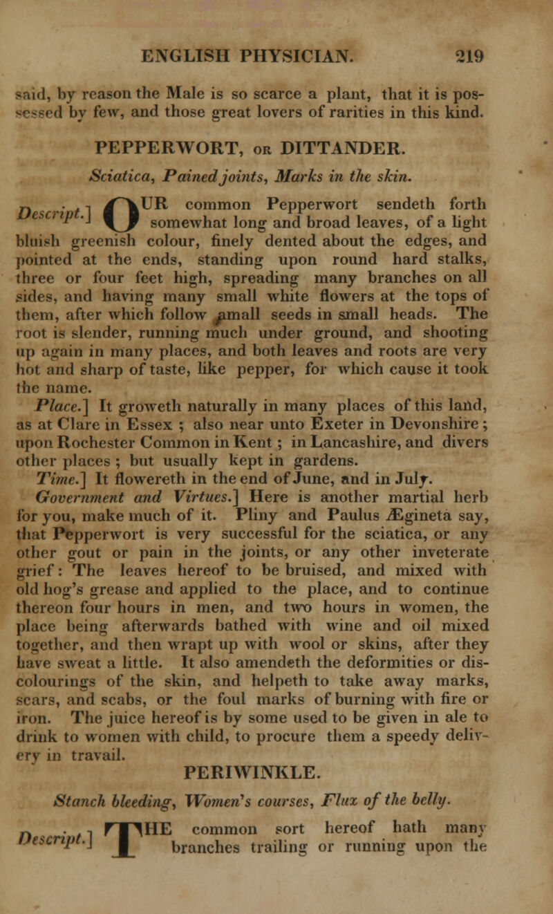 .-aid, by reason the Male is so scarce a plant, that it is pos- d by few, and those great lovers of rarities in this kind. PEPPERWORT, or DITTANDER. Sciatica, Pained joints, Marks in the skin. n ' 11 ^^^^ cornmon Pepperwort sendeth forth ' ■• \J somewhat long and broad leaves, of a light bluish greenish colour, finely dented about the edges, and pointed at the ends, standing upon round hard stalks, three or four feet high, spreading many branches on all sides, and having many small white flowers at the tops of them, after which follow ^mall seeds in small heads. The root is slender, running much under ground, and shooting up again in many places, and both leaves and roots are very hot and sharp of taste, like pepper, for which cause it took the name. Place.] It groweth naturally in many places of this land, as at Clare in Essex ; also near unto Exeter in Devonshire ; upon Rochester Common in Kent; in Lancashire, and divers other places ; but usually kept in gardens. Time.] It flowereth in the end of June, and in July. Government and Virtues.] Here is another martial herb lor you, make much of it. Pliny and Paulus ^Egineta say, that Pepperwort is very successful for the sciatica, or any other gout or pain in the joints, or any other inveterate grief: The leaves hereof to be bruised, and mixed with old hog's grease and applied to the place, and to continue thereon four hours in men, and two hours in women, the place being afterwards bathed with wine and oil mixed together, and then wrapt up with wool or skins, after they have sweat a little. It also amendeth the deformities or dis- colourings of the skin, and helpeth to take away marks, scars, and scabs, or the foul marks of burning with fire or iron. The juice hereof is by some used to be given in ale to drink to women with child, to procure them a speedy deliv- ery in travail. PERIWINKLE. Stanch bleeding, Women's courses, Flux of the belly. n . , FTHHE common sort hereof hath many uescrij)t.\ branches trailing or running upon the