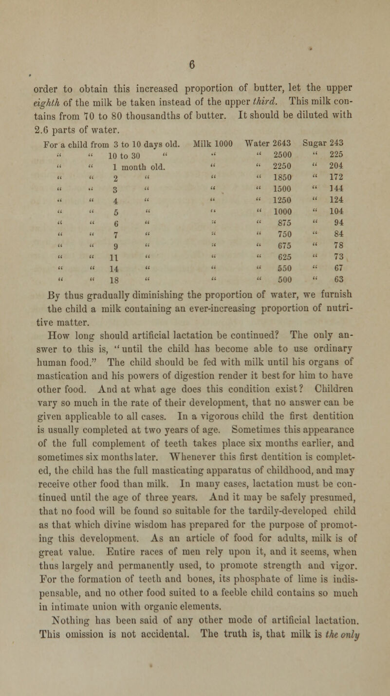 order to obtain this increased proportion of butter, let the upper eighth of the milk be taken instead of the upper third. This milk con- tains from 70 to 80 thousandths of butter. It should be diluted with 2.6 parts of water. For a child from 3 to 10 days old. Milk 1000 Water 2643 Sugar •243 n « 10 to 30  •<  2500  225 11 « 1 month old. u it 2250 ii 204 11 u 2 u u ii 1850 ii 172 II '• 3 a it ii 1500 ii 144 • 1 a 4 u u ii 1250 ii 124 II u 5 « f< ii 1000 ii 104 a n 6 a :< K 875 ii 94 it u 7 h ;i ii 750  84 (i u 9 a ii ii 675 ii 78 i< << 11 u it ii 625 ii 73 it II 14 u i< ii 550 ii 67 u « 18 it II ii 500 ii 63 By thus gradually diminishing the proportion of water, we furnish the child a milk containing an ever-increasing proportion of nutri- tive matter. How long should artificial lactation be continued? The only an- swer to this is,  until the child has become able to use ordinary human food. The child should be fed with milk until his organs of mastication and his powers of digestion render it best for him to have other food. And at what age does this condition exist ? Children vary so much in the rate of their development, that no answer can be given applicable to all cases. In a vigorous child the first dentition is usually completed at two years of age. Sometimes this appearance of the full complement of teeth takes place six months earlier, and sometimes six months later. Whenever this first dentition is complet- ed, the child has the full masticating apparatus of childhood, aud may receive other food than milk. In many cases, lactation must be con- tinued until the age of three years. Aud it may be safely presumed, that no food will be found so suitable for the tardily-developed child as that which divine wisdom has prepared for the purpose of promot- ing this development. As an article of food for adults, milk is of great value. Entire races of men rely upon it, and it seems, when thus largely and permanently used, to promote strength and vigor. For the formation of teeth and bones, its phosphate of lime is indis- pensable, and no other food suited to a feeble child contains so much in intimate union with organic elements. Nothing has been said of any other mode of artificial lactation. This omission is not accidental. The truth is, that milk is the only