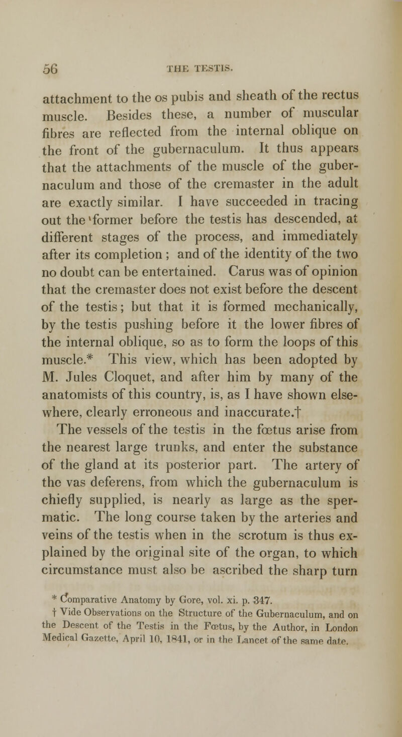 attachment to the os pubis and sheath of the rectus muscle. Besides these, a number of muscular fibres are reflected from the internal oblique on the front of the gubernaculum. It thus appears that the attachments of the muscle of the guber- naculum and those of the cremaster in the adult are exactly similar. I have succeeded in tracing out the'former before the testis has descended, at different stages of the process, and immediately after its completion ; and of the identity of the two no doubt can be entertained. Carus was of opinion that the cremaster does not exist before the descent of the testis; but that it is formed mechanically, by the testis pushing before it the lower fibres of the internal oblique, so as to form the loops of this muscle* This view, which has been adopted by M. Jules Cloquet, and after him by many of the anatomists of this country, is, as I have shown else- where, clearly erroneous and inaccurate.t The vessels of the testis in the foetus arise from the nearest large trunks, and enter the substance of the gland at its posterior part. The artery of the vas deferens, from which the gubernaculum is chiefly supplied, is nearly as large as the sper- matic. The long course taken by the arteries and veins of the testis when in the scrotum is thus ex- plained by the original site of the organ, to which circumstance must also be ascribed the sharp turn * Comparative Anatomy by Gore, vol. xi. p. 347. t Vide Observations on the Structure of the Gubernaculum, and on the Descent of the Testis in the Foetus, by the Author, in London Medical Gazette, April 10. 1R41, or in the Lancet of the same date.