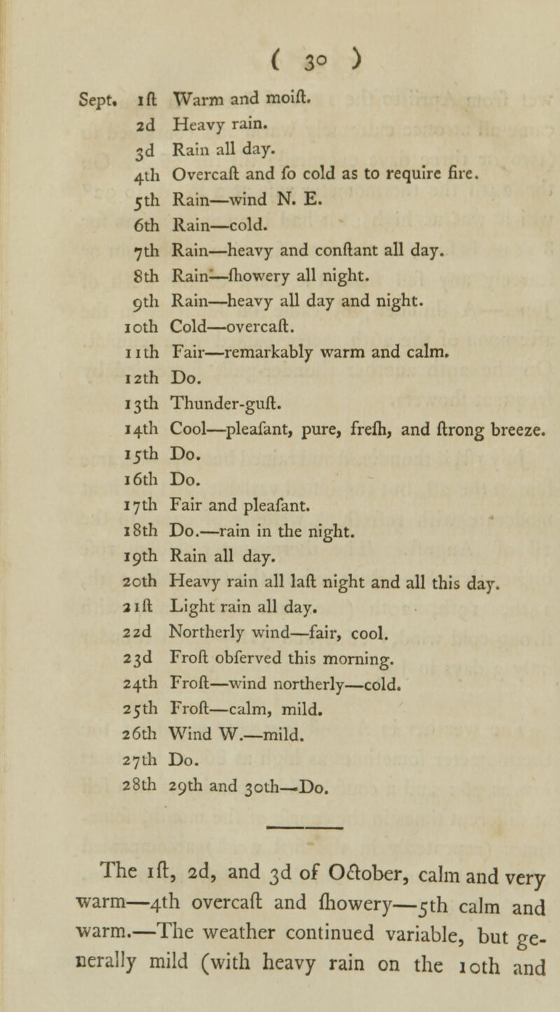 ( 3° ) Sept. I ft Warm and moift. 2d Heavy rain. 3d Rain all day. 4th Overcaft and fo cold as to require fire. 5th Rain—wind N. E. 6th Rain—cold. 7th Rain—heavy and conftant all day. 8th Rain:—fhowery all night. 9th Rain—heavy all day and night. 10th Cold—overcaft. 11 th Fair—remarkably warm and calm. 12th Do. 13th Thunder-guft. 14th Cool—pleafant, pure, frefh, and ftrong breeze. 15th Do. 16th Do. 17th Fair and pleafant. 18th Do.—rain in the night. 19th Rain all day. 20th Heavy rain all laft night and all this day. 21ft Light rain all day. 22d Northerly wind—fair, cool. 23d Frofl obferved this morning. 24th Froft—wind northerly—cold. 25th Froft—calm, mild. 26th Wind W.—mild. 27th Do. 28th 29th and 30th—Do. The 1 ft, 2d, and 3d of October, calm and very warm—4th overcaft and fhowery—5th calm and warm.—The weather continued variable, but ge- nerally mild (with heavy rain on the 10th and