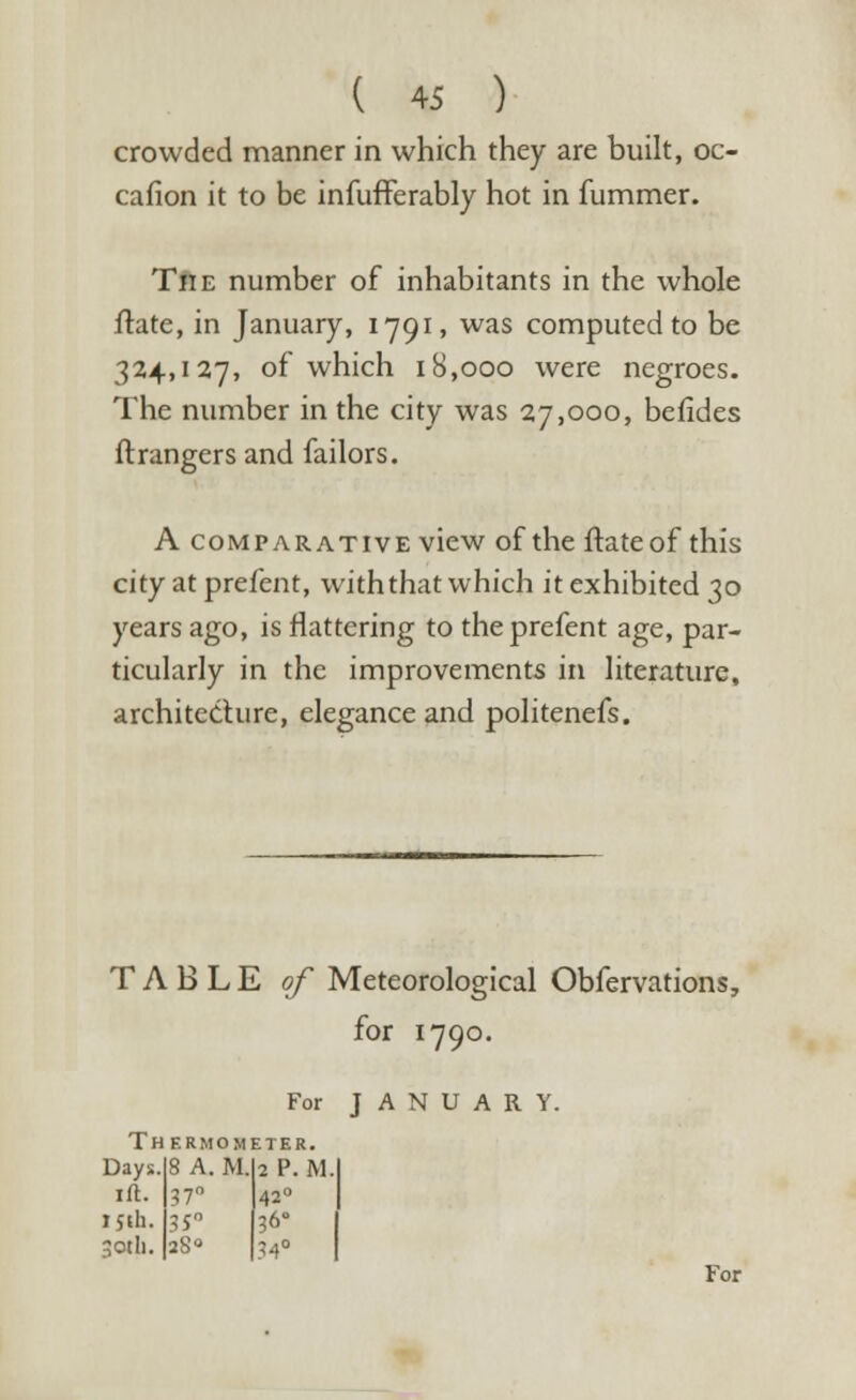 crowded manner in which they are built, oc- cafion it to be infufferably hot in fummer. The number of inhabitants in the whole ftate, in January, 1*791, was computed to be 324,127, of which 18,000 were negroes. The number in the city was 27,000, befides flrangers and failors. A comparative view of the ftate of this city at prefent, with that which it exhibited 30 years ago, is flattering to the prefent age, par- ticularly in the improvements in literature, architecture, elegance and politenefs. TABLE of Meteorological Obfervations, for 1790. For JANUARY. Th ermometer. Days. 8 A.M. 2 P. M ift. ,7„ 420 151I1. IS 36- 30th. 28° ?4°