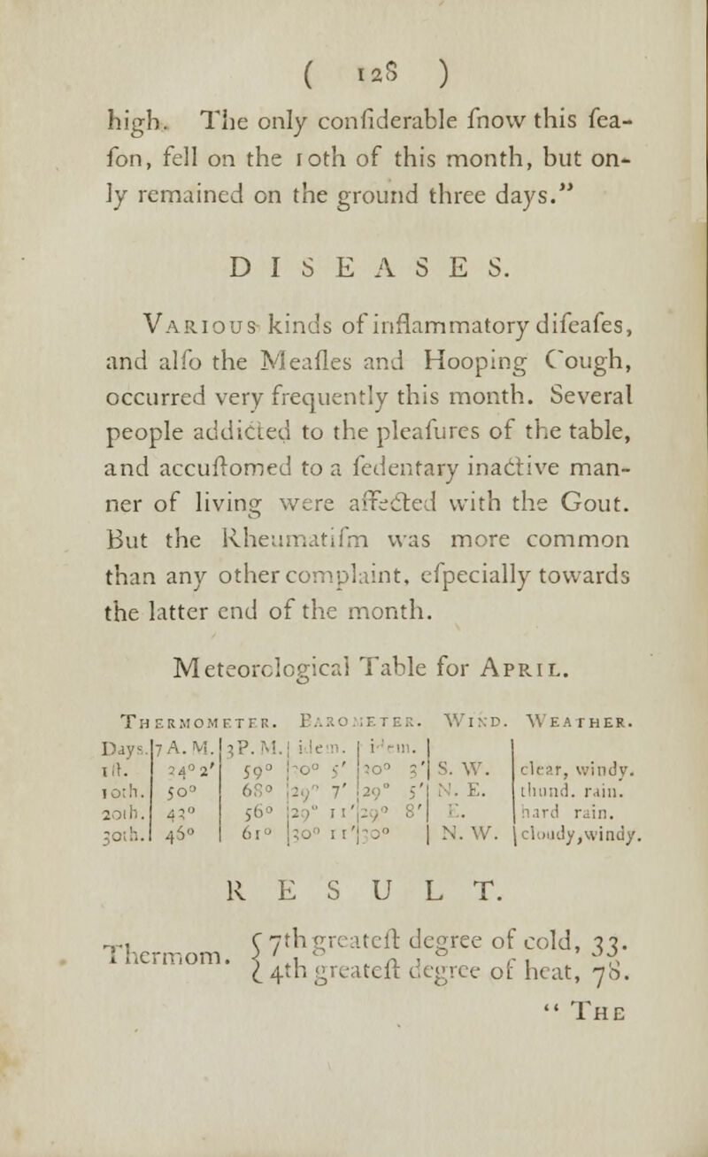 ( «aS ) high. The only confiderable fnow this fea- fon, fell on the roth of this month, but on~ ly remained on the ground three days. DISEASES. Various kinds of inflammatory difeafes, and alfo the Mealies and Hooping Cough, occurred very frequently this month. Several people addicted to the pleafures of the table, and accuftomed to a fedentary inactive man- ner of living were affected with the Gout. But the Rheumatifm was more common than any other complaint, efpecially towards the latter end of the month. Meteorological Table for April. Th ERMOMETER. ;E7es. Wind. W EATHER. Days 7A.M. jP.M 1 • tit. ?4°2' 59° ' S. W. clear, windy. loth. 50° 6S° 29 T 290 5' N. E. thund. rain. 201 h. 45° f6° hard rain, 30th. 460 61° ' :.-• 11 N. W. climdy,\.vindy RESULT. _, ( 7th greateft decree of cold, 77. Thermom. <'»u . a 1 •-, - r, L 4th gix-atclt degree ot heat, 7b.