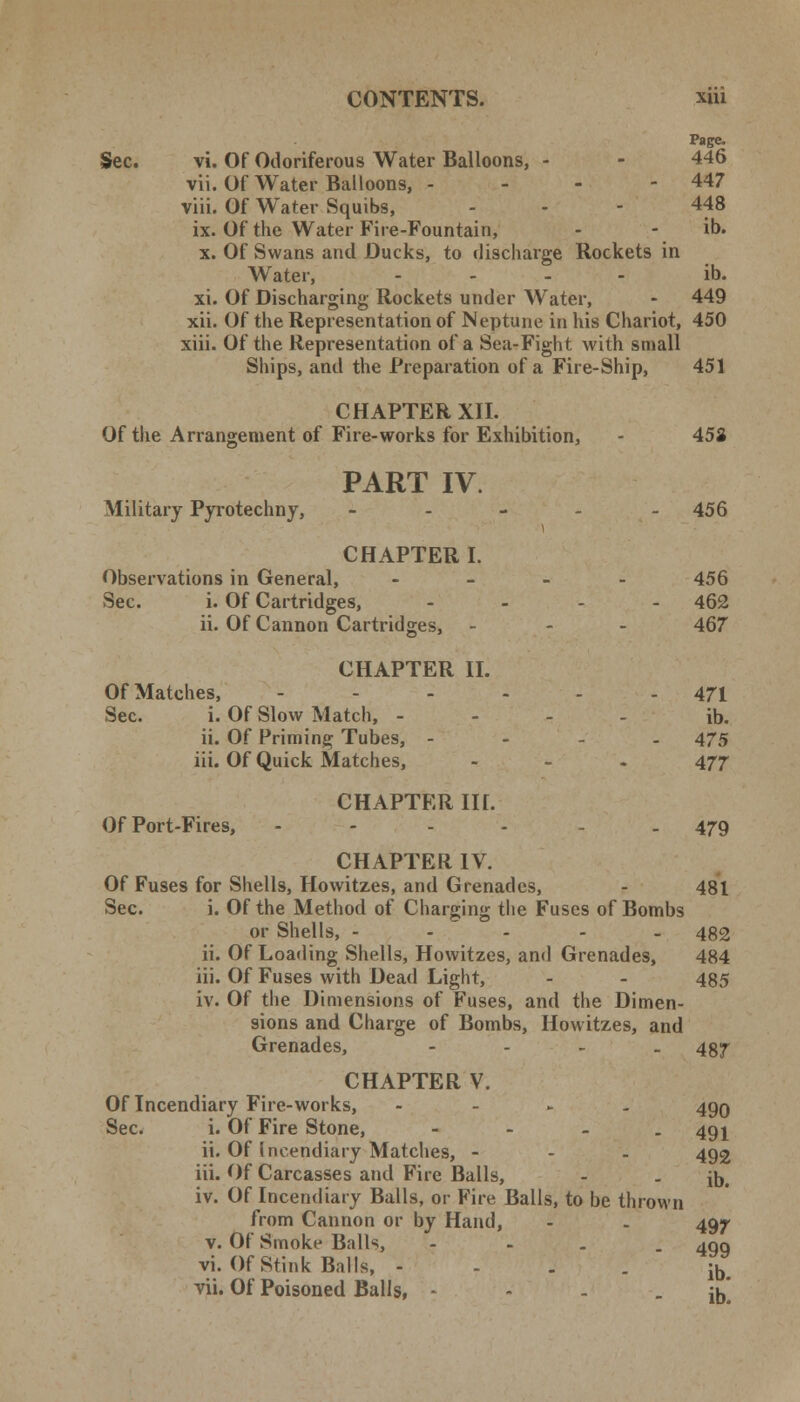 Page. Sec. vi. Of Odoriferous Water Balloons, - - 446 vii. Of Water Balloons, - - - -447 viii. Of Water Squibs, 448 ix. Of the Water Fire-Fountain, - ib. x. Of Swans and Ducks, to discharge Rockets in Water, - - ib. xi. Of Discharging Rockets under Water, - 449 xii. Of the Representation of Neptune in his Chariot, 450 xiii. Of the Representation of a Sea-Fight with small Ships, and the Preparation of a Fire-Ship, 451 CHAPTER XII. Of the Arrangement of Fire-works for Exhibition, - 452 PART IV. Military Pyrotechny, - 456 i CHAPTER I. Observations in General, - 456 Sec. i. Of Cartridges, - - - 462 ii. Of Cannon Cartridges, - 467 CHAPTER II. Of Matches, ------ 471 Sec. i. Of Slow Match, - ib. ii. Of Priming Tubes, - - 475 iii. Of Quick Matches, ... 477 CHAPTER III. Of Port-Fires, ----.. 479 CHAPTER IV. Of Fuses for Shells, Howitzes, and Grenades, - 481 Sec. i. Of the Method of Charging the Fuses of Bombs or Shells, ----- 482 ii. Of Loading Shells, Howitzes, and Grenades, 484 iii. Of Fuses with Dead Light, - - 485 iv. Of the Dimensions of Fuses, and the Dimen- sions and Charge of Bombs, Howitzes, and Grenades, - 487 CHAPTER V. Of Incendiary Fire-works, .... 49Q Sec. i. Of Fire Stone, - 491 ii. Of Incendiary Matches, - - - 492 iii. Of Carcasses and Fire Balls, - . jD# iv. Of Incendiary Balls, or Fire Balls, to be thrown from Cannon or by Hand, - . 497 v. Of Smoke Balls, .... 4qq vi. Of Stink Balls, - jb vii. Of Poisoned Balls, - - - ib!