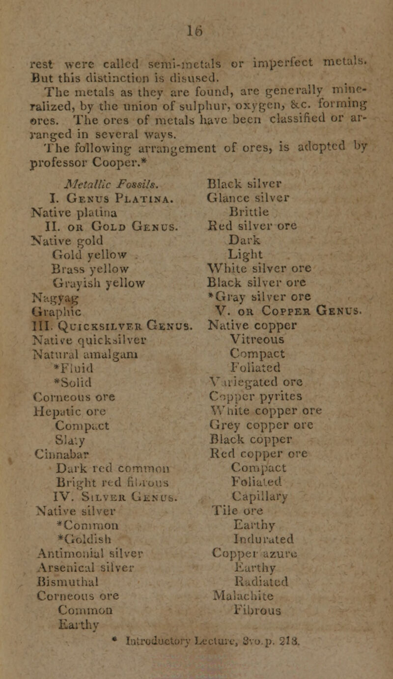 rest were called semi-metals or imperfect me But this distinction is disused. The metals as they are found, are generally mine- ralized, by the union'of sulphur, oxygen, ixc. forming ores. The ores of metals have been classified or ar- ranged in several ways. The following arrangement of ores, is adopted by professor Cooper.* Metallic Fossils. I. Genus Platina. Native platina II. or Gold Genus. Native gold Gold yellow Brass yellow Grayish yellow Nagyag Graphic III. Quicksilver Genus. Native quicksilver Natural amalgam *Fluid *Solid Corneous ore Hepatic ore Compact Sla.y Cinnabar Dark red common Bright red n!<iot:s IV. Silver Genus. Native silver *Common *Goldish Antimoniyl silver Arsenical silver Bismuthal Corneous ore Common Black silver Glance silver Brittle Red silver ore Dark Light White silver ore Black silver ore •Gray silver ore V. or Copper Genus. Native copper Vitreous Compact Foliated Variegated ore Copper pyrites White copper ore Grey copper ore Black copper Red copper ore Compact Foliated Capillary Tile ore Earthy Indurated Copper azure Earthy Radiated Malachite Fibrous Earthy * I . Lecture, Svo.p. 213.