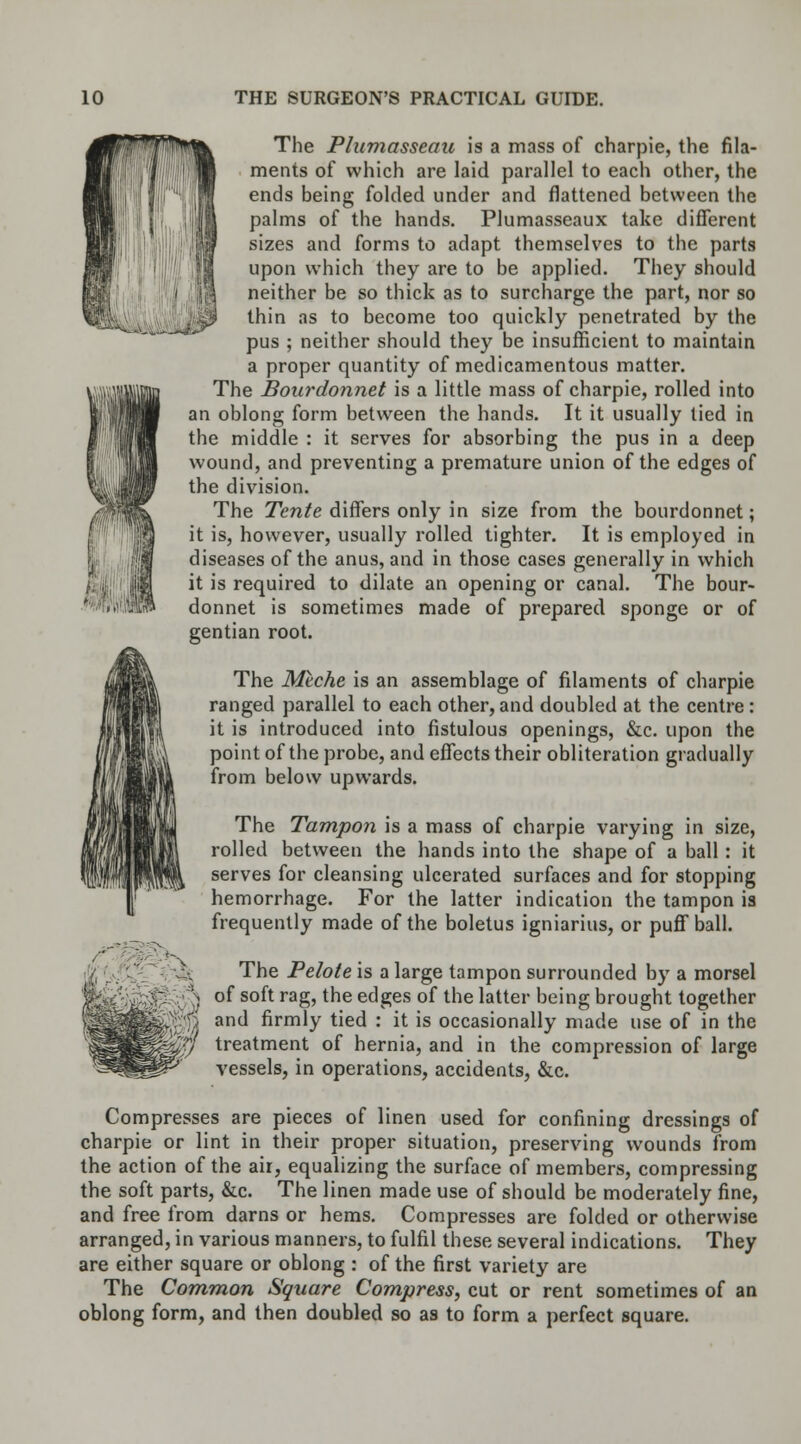 The Plumasseau is a mass of charpie, the fila- ments of which are laid parallel to each other, the ends being folded under and flattened between the palms of the hands. Plumasseaux take different sizes and forms to adapt themselves to the parts upon which they are to be applied. They should neither be so thick as to surcharge the part, nor so thin as to become too quickly penetrated by the pus ; neither should they be insufficient to maintain a proper quantity of medicamentous matter. The Bourdonnet is a little mass of charpie, rolled into an oblong form between the hands. It it usually lied in the middle : it serves for absorbing the pus in a deep wound, and preventing a premature union of the edges of the division. The Tente differs only in size from the bourdonnet; it is, however, usually rolled tighter. It is employed in diseases of the anus, and in those cases generally in which it is required to dilate an opening or canal. The bour- donnet is sometimes made of prepared sponge or of gentian root. The Meche is an assemblage of filaments of charpie ranged parallel to each other, and doubled at the centre: it is introduced into fistulous openings, &c. upon the point of the probe, and effects their obliteration gradually from below upwards. The Tampon is a mass of charpie varying in size, rolled between the hands into the shape of a ball : it serves for cleansing ulcerated surfaces and for stopping hemorrhage. For the latter indication the tampon ia frequently made of the boletus igniarius, or puff ball. The Pelote is a large tampon surrounded by a morsel of soft rag, the edges of the latter being brought together and firmly tied : it is occasionally made use of in the treatment of hernia, and in the compression of large vessels, in operations, accidents, &c. Compresses are pieces of linen used for confining dressings of charpie or lint in their proper situation, preserving wounds from the action of the air, equalizing the surface of members, compressing the soft parts, &c. The linen made use of should be moderately fine, and free from darns or hems. Compresses are folded or otherwise arranged, in various manners, to fulfil these several indications. They are either square or oblong : of the first variety are The Common Square Compress, cut or rent sometimes of an oblong form, and then doubled so as to form a perfect square.
