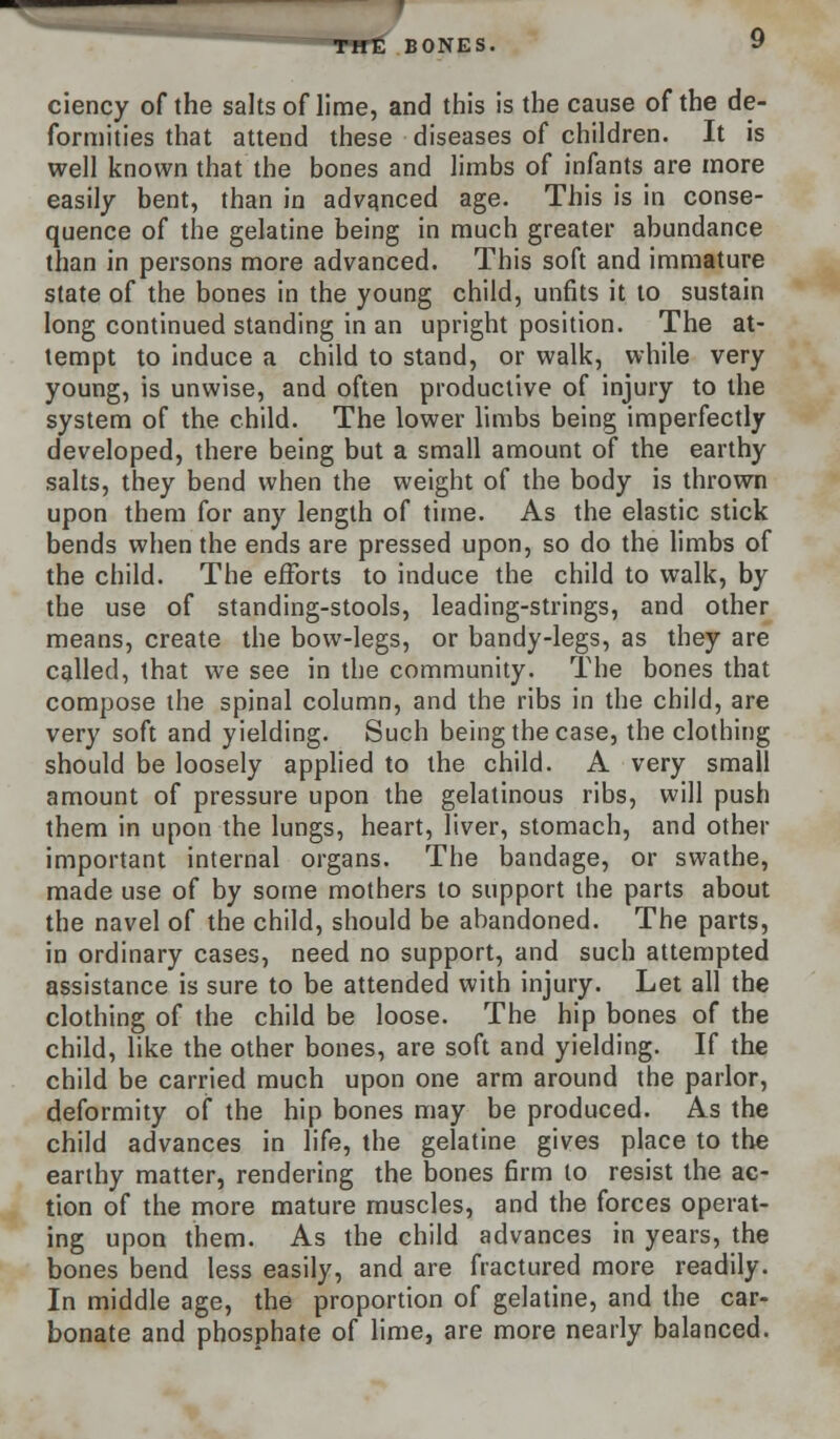 ciency of the salts of lime, and this is the cause of the de- formities that attend these diseases of children. It is well known that the bones and limbs of infants are more easily bent, than in advanced age. This is in conse- quence of the gelatine being in much greater abundance than in persons more advanced. This soft and immature state of the bones in the young child, unfits it to sustain long continued standing in an upright position. The at- tempt to induce a child to stand, or walk, while very young, is unwise, and often productive of injury to the system of the child. The lower limbs being imperfectly developed, there being but a small amount of the earthy salts, they bend when the weight of the body is thrown upon them for any length of time. As the elastic stick bends when the ends are pressed upon, so do the limbs of the child. The efforts to induce the child to walk, by the use of standing-stools, leading-strings, and other means, create the bow-legs, or bandy-legs, as they are called, that we see in the community. The bones that compose the spinal column, and the ribs in the child, are very soft and yielding. Such being the case, the clothing should be loosely applied to the child. A very small amount of pressure upon the gelatinous ribs, will push them in upon the lungs, heart, liver, stomach, and other important internal organs. The bandage, or swathe, made use of by some mothers to support the parts about the navel of the child, should be abandoned. The parts, in ordinary cases, need no support, and such attempted assistance is sure to be attended with injury. Let all the clothing of the child be loose. The hip bones of the child, like the other bones, are soft and yielding. If the child be carried much upon one arm around the parlor, deformity of the hip bones may be produced. As the child advances in life, the gelatine gives place to the earthy matter, rendering the bones firm to resist the ac- tion of the more mature muscles, and the forces operat- ing upon them. As the child advances in years, the bones bend less easily, and are fractured more readily. In middle age, the proportion of gelatine, and the car- bonate and phosphate of lime, are more nearly balanced.