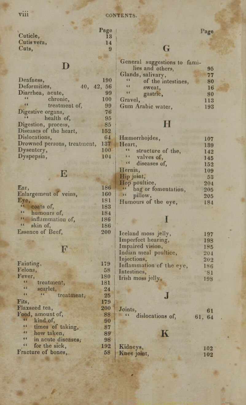 Cuticle, Cutia vera, Cuts, 13 14 9 D Deafness, 190 Deformities, 40, 42, 56 Diarrhea, acute, 99 chronic, 100 treatment of. 99 Digestive organs, 76 health of, 95 Digestion, process, 85 Diseases of the heart, 152 Dislocations, 64 Drowned persons, treatment, 137 Dysentery, 100 Dyspepsia, 104 E Ear, Enlargement of veins, Eye, coats of, humours of, inflammation of, skin of, Essence of Beef, F 186 160 181 183 184 186 186 200 Fainting, 179 Felons, 58 Fever, 180 treatment, 181 scarlet, 24 treatment, 25 Fits, 179 Flaxseed tea, 200 Food, amount of, 88 kind of, 90 times of taking, 87 how taken, 89 in acute diseases,- 98 . for the sick, 192 Fracture of bones, 58 l'ago G General suggestions to fami- lies and others, 95 Glands, salivary, 77 of the intestines, 80 sweat, 16 gastric, 80 Gravel, 113 Gum Arabic water, 193 I! Hajmorrhojdes, 107 Heart, 139 structure of the, 142 valves of, 145 diseases of, 152 Hernia, 109 Hip joint, 53 Hop poultice, 204 bag or fomentation, 205 pillow, 205 Humours of the eye, 184 I Iceland moss jelly, 197 Imperfect hearing, 193 Impaired vision, 185 Indian meal poultice, 204 Injections, 202 Inflammation of the eye, 186 Intestines, 81 Irish moss jelly, 198 Joints, dislocations of, 61 61, 64 K Kidneys, Knee joint, 102 102