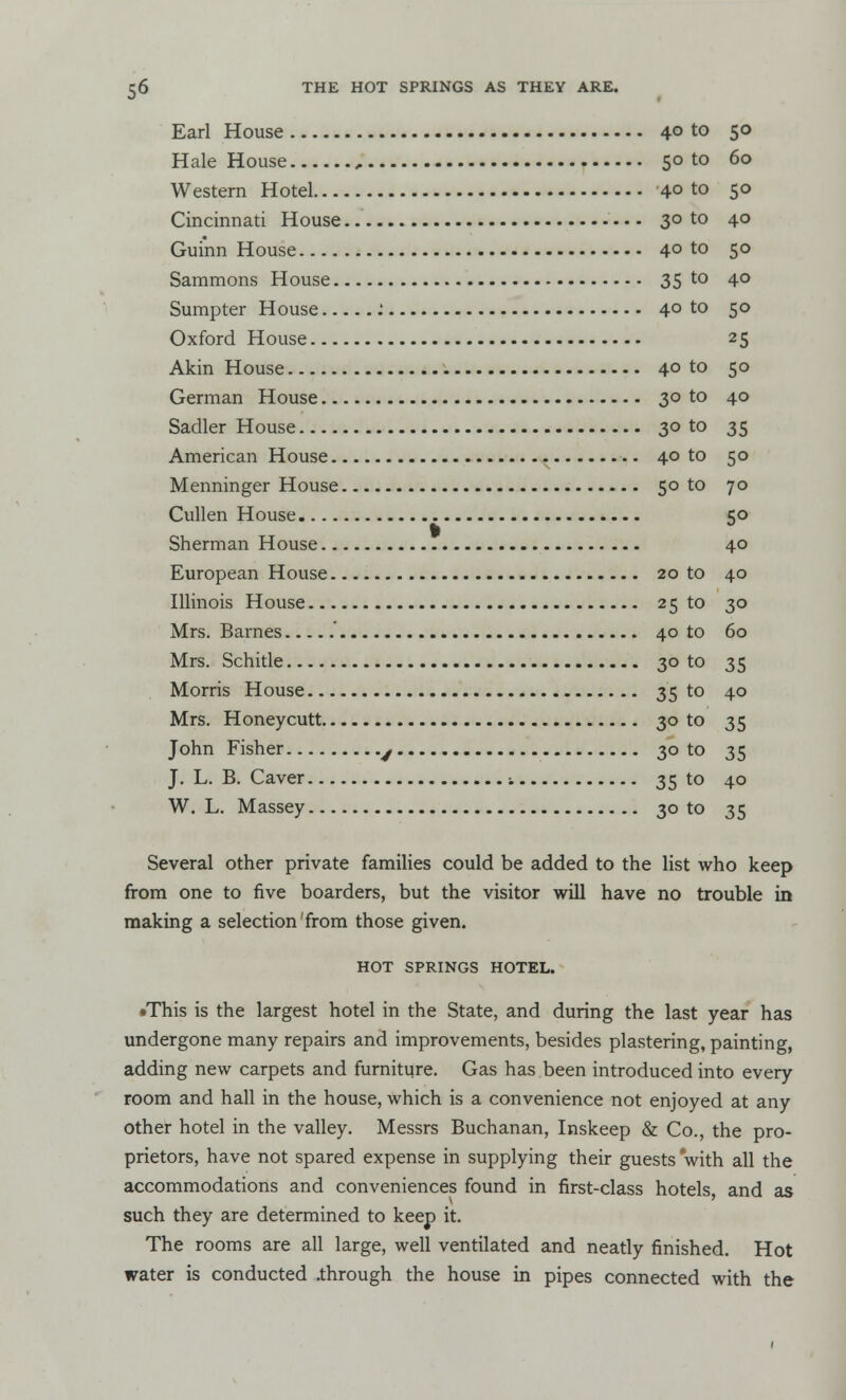 Earl House 4° to 5° Hale House , 50 to 60 Western Hotel 40 to 50 Cincinnati House — 30 to 40 Guinn House 4° to 50 Sammons House 35 to 4° Sumpter House 1 40 to 50 Oxford House 25 Akin House 40 to 50 German House 30 to 40 Sadler House 30 to 35 American House 40 to 50 Menninger House 50 to 70 Cullen House Ko ft Sherman House 40 European House 20 to 40 Illinois House 25to 30 Mrs. Barnes 40 to 60 Mrs. Schitle 30 to 35 Morris House 35 to 40 Mrs. Honeycutt 30 to 35 John Fisher ^ 30 to 35 J. L. B. Caver ■. 35 to 40 W. L. Massey 30 to 35 Several other private families could be added to the list who keep from one to five boarders, but the visitor will have no trouble in making a selection'from those given. HOT SPRINGS HOTEL. •This is the largest hotel in the State, and during the last year has undergone many repairs and improvements, besides plastering, painting, adding new carpets and furniture. Gas has been introduced into every room and hall in the house, which is a convenience not enjoyed at any other hotel in the valley. Messrs Buchanan, Inskeep & Co., the pro- prietors, have not spared expense in supplying their guests with all the accommodations and conveniences found in first-class hotels, and as such they are determined to keep it. The rooms are all large, well ventilated and neatly finished. Hot water is conducted .through the house in pipes connected with the 1