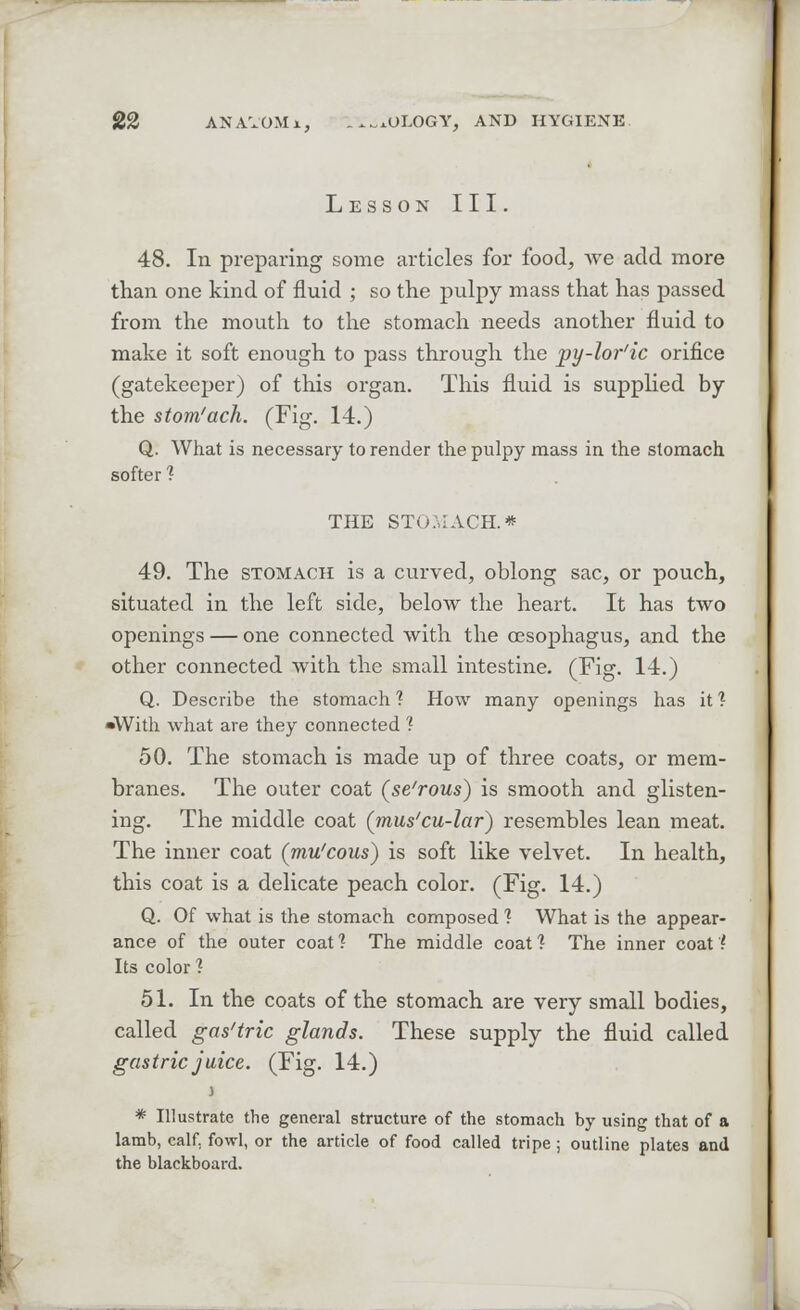 Lesson III. 48. In preparing some articles for food, we add more than one kind of fluid ; so the pulpy mass that has passed from the mouth to the stomach needs another fluid to make it soft enough to pass through the py-lor'ic orifice (gatekeeper) of this organ. This fluid is supplied by the stom'ach. (Fig. 14.) Q. What is necessary to render the pulpy mass in the stomach softer ? THE STOMACH.* 49. The stomach is a curved, oblong sac, or pouch, situated in the left side, below the heart. It has two openings — one connected with the oesophagus, and the other connected with the small intestine. (Fig. 14.) Q. Describe the stomach ? How many openings has it ? •With what are they connected ? 50. The stomach is made up of three coats, or mem- branes. The outer coat (se'rous) is smooth and glisten- ing. The middle coat (mus'cu-lar) resembles lean meat. The inner coat (mu'cous) is soft like velvet. In health, this coat is a delicate peach color. (Fig. 14.) Q. Of what is the stomach composed ? What is the appear- ance of the outer coat? The middle coat? The inner coat? Its color ? 51. In the coats of the stomach are very small bodies, called gas'trie glands. These supply the fluid called gastric juice. (Fig. 14.) * Illustrate the general structure of the stomach by using that of a lamb, calf, fowl, or the article of food called tripe; outline plates and the blackboard.