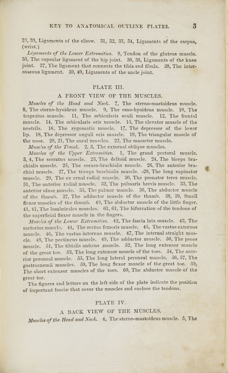 33, 30, Ligaments of the elbow. 31, 32, 33, 34, Ligaments of the carpus, (wrist.) Ligaments of the Lower Extremities. 9, Tendon of the gluteus muscle. 35, The capsular ligament of the hip joint. 36, 36, Ligaments of the knee joint. 37, The ligament that connects the tibia and fibula. 38, The inter- osseous ligament. 39, 40, Ligaments of the ancle joint. PLATE III. A FRONT VIEW OF THE MUSCLES. Muscles of the Head and Neck. 7, The sterno-mastoideus muscle. 8, The sterno-hyoideus muscle. 9, The omo-hyoideus muscle. 10, The trapezius muscle. 11, The orbicularis oculi muscle. 12, The frontal muscle. 14, The orbicularis oris muscle. 15, The elevator muscle of the nostrils. 16, The zygomatic muscle. 17, The depressor of the lower lip. 18, The depressor anguli oris muscle. 19, The triangular muscle of the nose. 20, 21, The aural muscles. 22, The massetcr muscle. Musc'es of the Trunk. 2, 3, The external oblique muscles. Muscles of the Upper Extremities. 1, The grand pectoral muscle. 3, 4, The serratus muscle. 23, The deltoid muscle. 24, The biceps bra- chials muscle. 25, The coraco-brachialis muscle. 26, The anterior bra- chial muscle. 27, The triceps brachialis muscle. -28, The long supinator muscle. 29, The ex ernal radial muscle. 30, The pronator teres muscle. 31, The anterior radial muscle. 32, The palmaris brevis muscle. 33, The anterior ulnar muscle. 35, The palmar muscle. 36, The abductor muscle of the thumb. 37, The adductor muscle of the thumb. 38, 39, Small flexor muscles of the thumb. 49, The abductor muscle of the little finger. 41, 41, The lumbricalcs muscles. 61, 61, The bifurcation of the tendons of the superficial flexor muscle in the fingers. Muscles of the Loicer Extremities. 42, The fascia lata muscle. 43, The 6artorius muscle. 44, The rectus femoris muscle. 45, The vastus externus muscle. 46, The vastus internus muscle. 47, The internal straight mus- cle. 48, The pectineus muscle. 49, The adductor muscle. 50, The psoas muscle. 51, The tibialis anticus muscle. 52, The long extensor muscle of the <reat toe. 53, The long extensor muscle of the toes. 54, The ante- rior peroneal muscle. 55, The long lateral peroneal muscle. 56, 57, The gastrocnemii muscles. 58, The long flexor muscle of the great toe. 59, The short extensor muscles of the toes. 60, The abductor muscle of the great toe. The figures and letters on the left side of the plate indicate the position of important fasciae that cover the muscles and enclose the tendons. PLATE IV. A BACK VIEW OF THE MUSCLES. Muscles of the Head and Neck. 4, The sterno-mastoideus muscle. 5, The