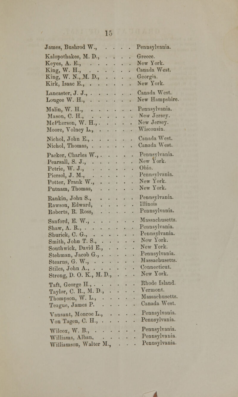James. Bushrod W., .... Pennsylvania. Kalopothakes, M. D., . . . . Greece. Keyes, A. B., New York. King, W. H., Canada West. King, W. N.,.M. D., .... Georgia. Kirk, Isaac B., New York. Lancaster, J. J., Canada West. Lougee W. H., New Hampshire. Malin, W. H., Pennsylvania. Mason, C. H., New Jersey. McPherson, W. H., New Jersey. Moore, Volney L., Wisconsin. Nichol, John E., Canada West. Nichol, Thomas, Canada West. Packer, Charles W., Pennsylvania. Pearsall, S. J., New York. Petrie, W. J., Ohio. Piersol, J. M., Pennsylvania. Potter, Frank W., New York. Putnam, Thomas, New York. Rankin, John S., Pennsylvania. Rawson, Edward, Illinois Roberts, R. Ross, Pennsylvania. Sanford, E. W., Massachusetts. Shaw, A. R., Pennsylvania. Shurick, C. G., Pennsylvania. Smith, John T. S., New York. Southwick, David E., . . • • New York. Stehman, Jacob G., Pennsylvania. Stearns, G. W., Massachusetts. Stiles, John A., Connecticut. Strong, D. 0. K., M. D., . . . New York. Taft, George H., Rhode Island. Taylor, C. R, M. P., . . . • Vermont. Thompson, W. L., Massachusetts. Teague, James P Canada West. Vansant, Monroe L., .... Pennsylvania. Von Tagen, CH, Pennsylvania. Wilcox, W. R, Pennsylvania. Williams, Alban Pennsylvania. Williamson, Walter M., . •■ . Pennsylvania.