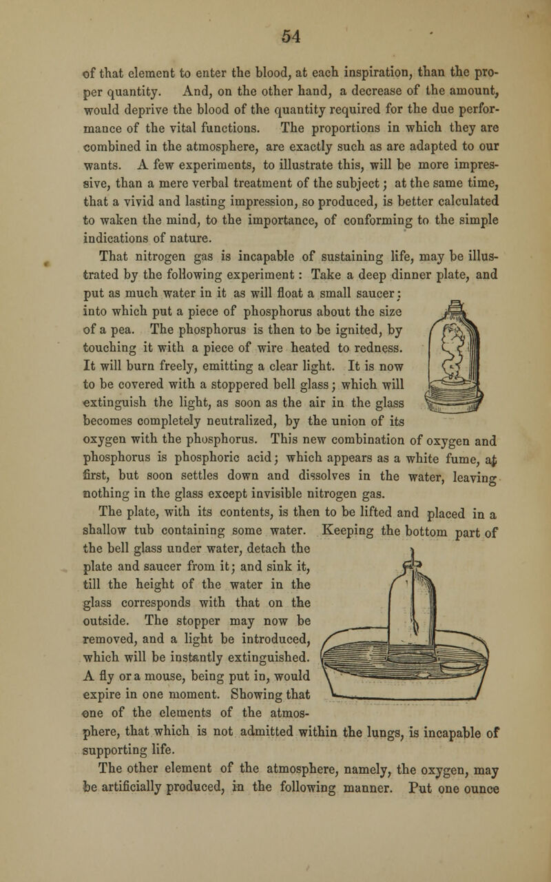 of that element to enter the blood, at each inspiration, than the pro- per quantity. And, on the other hand, a decrease of the amount, would deprive the blood of the quantity required for the due perfor- mance of the vital functions. The proportions in which they are combined in the atmosphere, are exactly such as are adapted to our wants. A few experiments, to illustrate this, will be more impres- sive, than a mere verbal treatment of the subject; at the same time, that a vivid and lasting impression, so produced, is better calculated to waken the mind, to the importance, of conforming to the simple indications of nature. That nitrogen gas is incapable of sustaining life, may be illus- trated by the following experiment: Take a deep dinner plate, and put as much water in it as will float a small saucer; into which put a piece of phosphorus about the size of a pea. The phosphorus is then to be ignited, by touching it with a piece of wire heated to redness. It will burn freely, emitting a clear light. It is now to be covered with a stoppered bell glass; which will extinguish the light, as soon as the air in the glass becomes completely neutralized, by the union of its oxygen with the phosphorus. This new combination of oxygen and phosphorus is phosphoric acid; which appears as a white fume, a$ first, but soon settles down and dissolves in the water, leaving nothing in the glass except invisible nitrogen gas. The plate, with its contents, is then to be lifted and placed in a shallow tub containing some water. Keeping the bottom part of the bell glass under water, detach the plate and saucer from it; and sink it, till the height of the water in the glass corresponds with that on the outside. The stopper may now be removed, and a light be introduced, which will be instantly extinguished. A fly or a mouse, being put in, would expire in one moment. Showing that one of the elements of the atmos- phere, that which is not admitted within the lungs, is incapable of supporting life. The other element of the atmosphere, namely, the oxygen, may be artificially produced, in the following manner. Put one ounce