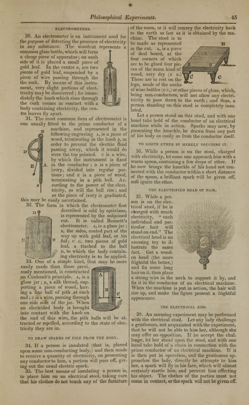 ELECTROMETERS. 30. An electrometer is an instrument used for the purpose of detecting the presence of electricity in any substance. The woodcut represents a common glass bottle, which will form a cheap piece of apparatus; on each side of it is placed a small piece of gold leaf. In the centre a, are two pieces of gold leaf, suspended by a piece of wire passing through the the cork. By means of this instru- ment, very slight portions of clect- tricity may be discovered ; for imme- diately the knob which rises through the cork comes in contact with a body containing electricity, the cen- tre leaves fly apart. 31. The most common form of electrometer is one usually fitted to the prime conductor of a machine, and represented in the following engraving a, is a piece of wood, terminating in the knob b, in order to prevent the electric fluid passing away, which it would do were the top pointed, c is a wire, by which the instrument is fixed in the conductor ; d is a piece of ivory, divided into regular por- tions ; and e is a piece of wood, terminating in a pith ball. Ac- cording to the power of the elect- tricity, so will the ball rise; and as the piece of ivory is graduated, this may be easily ascertained. 32. The form in which the electrometer first described is sold by opticians, is represented by the subjoined cut. It is called Bennett's I electrometer, a, is a glass jar ; b, the sides, coated part of the way up with gold leaf, or tin lil ^ ^' c c' two P^eces °f g°ld leaf, a ttached to the ball D, to which the body contain- ___J^ ing electricity is to be applied. 33. One of a simple kind, that may be more easily made than those previ- ously mentioned, is constructed on Coulomb's principle, a, is a glass jar ; b, a silk thread, sup- porting a piece of wood, hav- ing a fine ball of pith at each end ; c is a wire, passing through one side side of the jar. When an electrified body is brought into contact with the knob on the end of this wire, the pith balls will be at- tracted or repelled, according to the state of elec- tricity they are in. TO DRAW SPARKS OF FIRE FROM THE BODY. 34. If a person is insulated (that is, placed upon some non-conducting body,) and then made to receive a quantity of electricity, on presenting any conductor to him, a portion will pass oft', giv- ing out the usual electric spark. 35. The best means of insulating a person is, to place him on an electrical stool, taking care that his clothes do not touch any of the furniture d? of the room, or it will convey the electricity back to the earth as fast as it is obtained by the ma- chine. The stool is to be made as represented in the cut. a, is a piece of deal board, at the four corners of which are to be glued four pie- ces of the same kind of wood, very dry (b b.) These are to rest on the legs, made of the necks of wine bottles (c c,) or other pieces of glass, which, being non-conductors, will not allow any electri- tricity to pass down to the earth ; and thus, a person standing on this stool is completely insu- lated. Let a person stand on this stool, and with one hand take hold of the conductor of an electrical machine while in action. Sparks may now, by presenting the knuckle, be drawn from any part of his body as easily as frorh the conductor itself. TO IGNITE ETHER BY MERELY TOUCHING IT. 36. While a person is on the stool, charged with electricity, let some one approach him with a warm spoon, containing a few drops of ether. If he now brings the knuckle of his hand not con- nected with the conductor within a short distance of the spoon, a brilliant spark will be given off, and ignite the ether. THE ELECTRIFIED HEAD OF HAIR. 37. While a per- son is on the elec- trical stool, if he is charged with much electricity,  each individual and par- ticular hair will stand on end. The electrical head is an amusing toy to il- lustrate the same fact. Get a wood- en head (the more frightful the better,) and fix some long hair on it, then place a strong wire in the neck to support it by, and fix it in the conductor of an electrical machine. When the machine is put in action, the hair will rise up, and make the figure present a frightful appearance. THE ELECTRICAL KISS. 38. An amusing experiment may be performed with the electrical stool. Let any lady challenge a gentleman, not acquainted with the experiment, that he will not be able to kiss her, although she may offer no opposition. If he accept the chal- lenge, let her stand upon the stool, and with one hand take hold of a chain in connection with the prime conductor of an electrical machine. If it is then put in operation, and the gentleman ap- proaches the lady, directly he attempts to kiss her, a spark will fly in his face, which will almost certainly startle him, and prevent him effecting Ins object. The clothes of the parties must not come in contact, or the spark will not be given off. '■^m/: