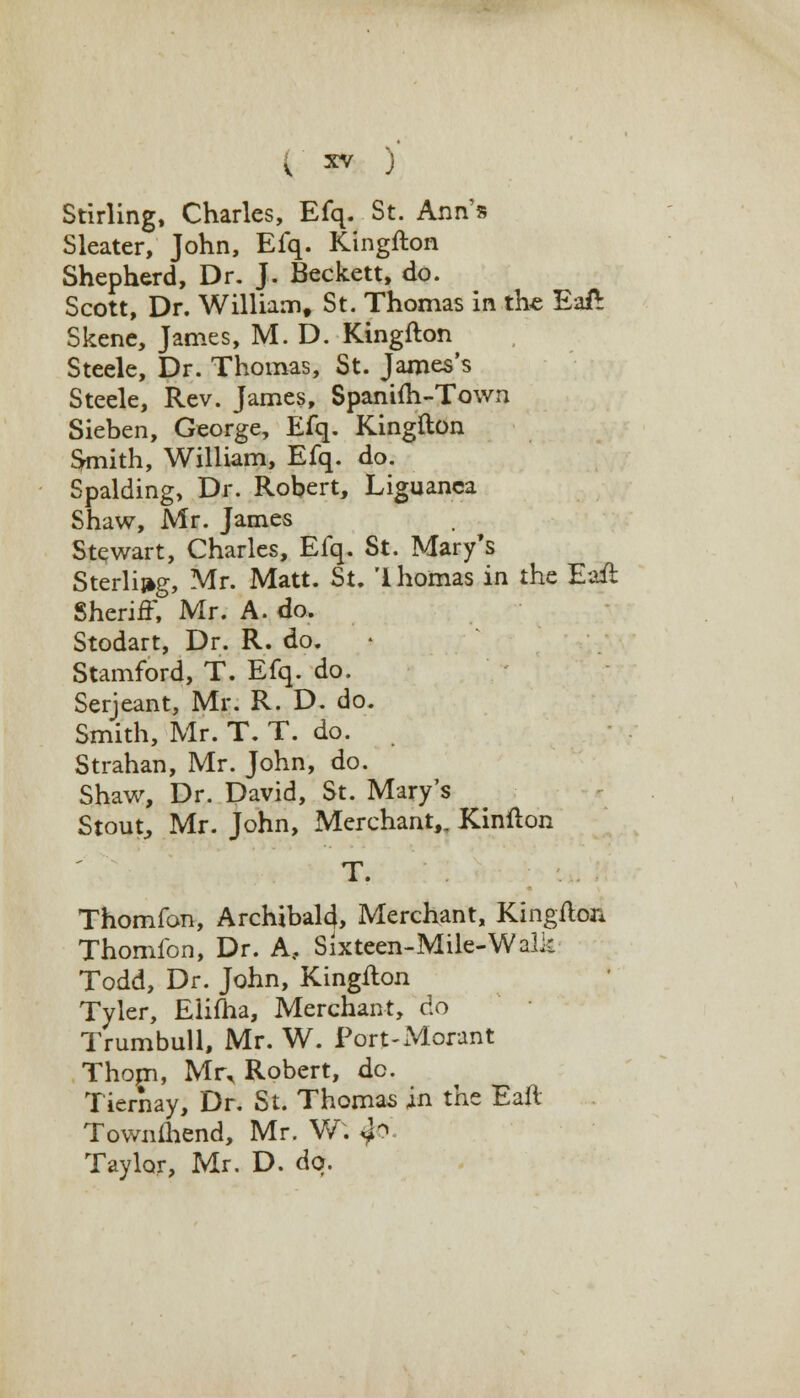 Stirling, Charles, Efq. St. Ann« Sleater, John, Efq. Kingfton Shepherd, Dr. J. Beckett, do. Scott, Dr. William, St. Thomas in the Eaft Skene, James, M. D. Kingfton Steele, Dr. Thomas, St. James's Steele, Rev. James, Spanifh-Town Sieben, George, Efq. Kingfton Srmith, William, Efq. do. Spalding, Dr. Robert, Liguanca Shaw, Mr. James Stewart, Charles, Efq. St. Mary's Sterling, Mr. Matt. St. '1 homas in the Eaft Sheriff, Mr. A. do. Stodart, Dr. R. do. Stamford, T. Efq. do. Serjeant, Mr. R. D. do. Smith, Mr. T. T. do. Strahan, Mr. John, do. Shaw, Dr. David, St. Mary's Stout, Mr. John, Merchant,. Kinfton T. Thomfon, Archibald}, Merchant, Kingfton Thomfon, Dr. Af Sixteen-Mile-Walk Todd, Dr. John, Kingfton Tyler, Elifha, Merchant, do Trumbull, Mr. W. Port-Moxant Thorn, Mr, Robert, do. Tiernay, Dr. St. Thomas in the Eaft Townfhend, Mr. W: ^0 Taylor, Mr. D. do.