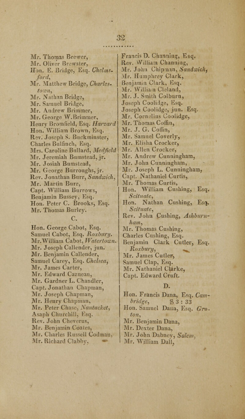 Mr. Oliver Brewster, Ho a. E. Bridge, Esq. Chelms- ford, Mr. Matthew Bridge, Charles- town, Mr. Nathan Bridge, Mr. Samuel Bridge, Mr. A.ndrew Brimmer, Mr. George VV.Brimmer, Henry Bromfield, Esq. Harvard Hon. William Brown, Esq. Rev. Joseph S. Buckminster, Charles Bulfinch, Esq. Mrs. Caroline Ballard, Medfield Mr. Jeremiah Bumstcad, jr. Mr. Josiah Bnmstead, Mr. George Burroughs, jr. Rev. Jonathan Burr, Sandwich, Mr. Martin Burr, Capt. William Burrows, Benjamin Bussey, Esq. Hon. Peter C. Brooks, Esq. Mr. Thomas Burlcy. c. Hon. George Cabot, Esq. Samuel Cabot, Esq. Roxbury. Mr.William Cabot, Watertoicn. Mr. Joseph Callender, jun. Mr. Benjamin Callender, Samuel Carey, Esq. Chelsea, Mr. James Carter, Mr. Edward Cazneau, Mr. Gardner L. Chandler, Capt. Jonathan Chapman, Mr. Joseph Chapman, Mr. Henry Chapman, Mr. Peter Chase, Nantucket, Asaph Churchill, Esq. Rev. John Cheverus, Mr. Benjamin Coates, Mr. Charles Russell Codmau. Mr. Richard Gabby, •> Rev. William Channing, Mr. John Chipman, Sandwich^ Air. Humphrey Clark, Benjamin Clark, Esq. Mr.' William Cleland, Mr. J. Smith Colburn, Joseph Coolidge, Esq. Joseph Coolidge, jun. Esq. Mr. Cornelius Coolidge, Mr. Thomas Coffin, Mr. J. G. Coffin, Mr. Samuel Coverly, Mr. Elisha Crocker, Mr. Allen Crocker, Mr. Andrew Cunningham, Mr. John Cunningham, Mr. Joseph L. Cunningham, Capt. Nathaniel Curtis, Mr. Thomas Curtis, Hon. William Cushing, Esq. Scituaie, Hon. Nathan Cushing, Esq. Scituate, Rev. John Cushing, Ashbum- ham, Mr. Thomas Cushing, Charles Cushing, Esq. Benjamin Clark Cutler, Esq. Roxbury, ^ Mr. James Cutler, Samuel Clap, Esq. Mr. Nathaniel Clarke, Capt. Edward Cruft. D. Hon. Francis Dana, Esq. Cam- bridge, § 3 : 33 Hon. Samuel Dana, Esq. Gro~ ton, Mr. Benjamin Dana, Mr. Dexter Dana, Mr. John Dabney, Salem. Mr. William Dall,