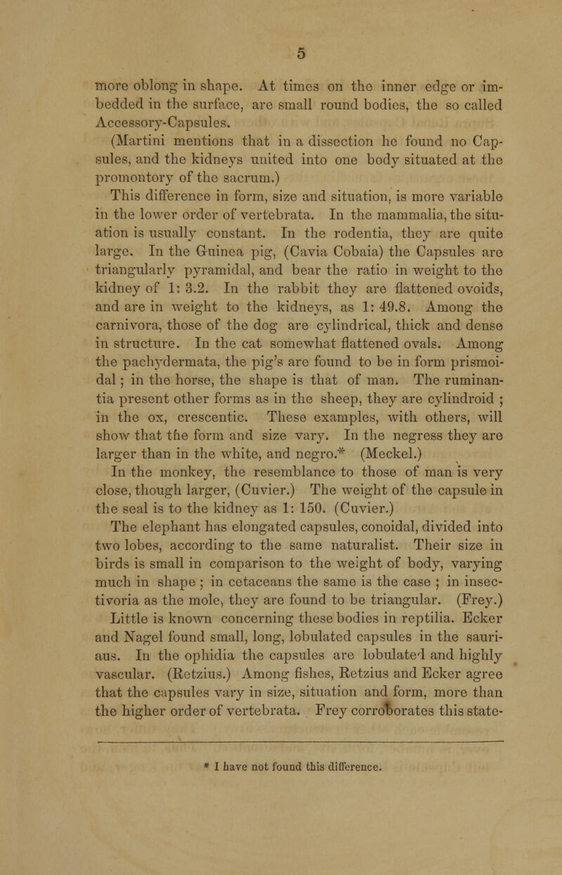 more oblong in shape. At times on the inner edge or im- bedded in the surface, are small round bodies, the so called Accessory-Capsules. (Martini mentions that in a dissection he found no Cap- sules, and the kidneys united into one body situated at the promontory of the sacrum.) This difference in form, size and situation, is more variable in the lower order of vertebrata. In the mammalia, the situ- ation is usually constant. In the rodentia, they are quite large. In the Guinea pig, (Cavia Cobaia) the Capsules are triangularly pyramidal, and bear the ratio in weight to the kidney of 1:3.2. In the rabbit they are flattened ovoids, and are in weight to the kidneys, as 1: 49.8. Among the carnivora, those of the dog are cylindrical, thick and dense in structure. In the cat somewhat flattened ovals. Among the pachydermata, the pig's are found to be in form prismoi- dal; in the horse, the shape is that of mam The ruminan- tia present other forms as in the sheep, they are cylindroid ; in the ox, crescentic. These examples, with others, will show that the form and size vary. In the negress they are larger than in the white, and negro.* (Meckel.) In the monkey, the resemblance to those of man is very close, though larger, (Cuvier.) The weight of the capsule in the seal is to the kidney as 1: 150. (Cuvier.) The elephant has elongated capsules, conoidal, divided into two lobes, according to the same naturalist. Their size in birds is small in comparison to the weight of body, varying much in shape ; in cetaceans the same is the case ; in insec- tivoria as the mole, they are found to be triangular. (Frey.) Little is known concerning these bodies in reptilia. Ecker and Nagel found small, long, lobulated capsules in the sauri- aus. In the ophidia the capsules are lobulated and highly vascular. (Retzius.) Among fishes, Retzius and Ecker agree that the capsules vary in size, situation and form, more than the higher order of vertebrata. Frey corroborates this state- * I have not found this difference.