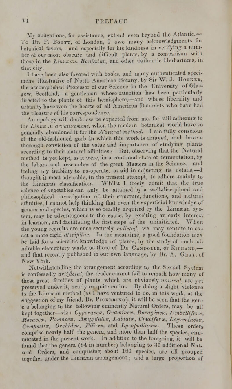 My obligations, for assistance, extend even beyond the Atlantic. To Dr. F. Boott, of London, I owe many acknowledgments for botanical favors,—and especially for bis kindness in verifying a num- ber of our most obscure and difficult plants, by a comparison with those in the Linnxan. Bankeian, and other authentic Herbariums, in that city. I have been also favored with books, and many authenticated speci- mens illustrative of North American Botany, by Sir W. J. Hookeh, the accomplished Professor of our Science in the University of Glas- gow, Scotland,—a gentleman whose attention has been particularly directed to the plants of this hemisphere,—and whose liberality and urbanity have won the hearts of all American Botanists who have had the j kasure of his correspondence. An apology will doubtless be expected from me, for still adhering to the Linns :n arrangement, when the modem botanical world have bo generally abandoned it for the Natural method. I am fully conscious of the old-fashioned garb in which this work is arrayed, and have a thorough conviction of the value and importance of studying plants according to their natural affinities : But, observing that the Natural method is yet kept, as it were, in a continual state of fermentation, by the labors and researches of the great Masters in the Science,—and feeling my inability to co-operate, or aid in adjusting its details,—I thought it most advisable, in the present attempt, to adhere mainly to the Linnxan classification. Whilst I freely admit that the true science of vegetables can only be attained by a well-disciplined and philosophical investigation of their structure, functions, and natural affinities, I cannot help thinking that even the superficial knowledge of genera and species, which is so readily acquired by the Linnxan sys- tem, may be advantageous to the cause, by exciting an early interest in learners, and facilitating the first steps of the uninitiated. When the young recruits are once securely enlisted, we may venture to ex- act a more rigid discipline. In the meantime, a goed foundation may be laid for a scientific knowledge of plants, by the study of such ad- mirable elementary works as those of Dt Candolle, or Richahb,— nnd that recently published in our own language, by Dr. A. Ghat, of New York. Notwithstanding the arrangement according to the Sexual System is confessedly artificial, the reader cannot fail to remark how many of those great families of plants which are obviously natural, are yet preserved under it, nearly or quite entire. By doing a slight violence tj the Linnxan method (as I have ventured to do, in this work, at the stggestion of my friend, Dr. Ptckerixg), it will be seen that the gen- e a belonging to the following eminently Natural Orders, may be all kept together—viz : Cyperacex, Graminex, Boragivex, Umbelliferx, Jiosaceoe, Pomacex, Amygdalex, Labiutcc, C'rucifera, Leguminosx, Composite, Orchidex, Filices, and Lycopodiacex. These orders comprise nearly half the genera, and more than half the species, enu- merated in the present work. In addition to the foregoing, it will be found that the genera (84 in number) belonging to 30 additional Nat- ural Orders, and comprising about 180 species, are all grouped together under the Linnxan arrangement: and a large proportion of