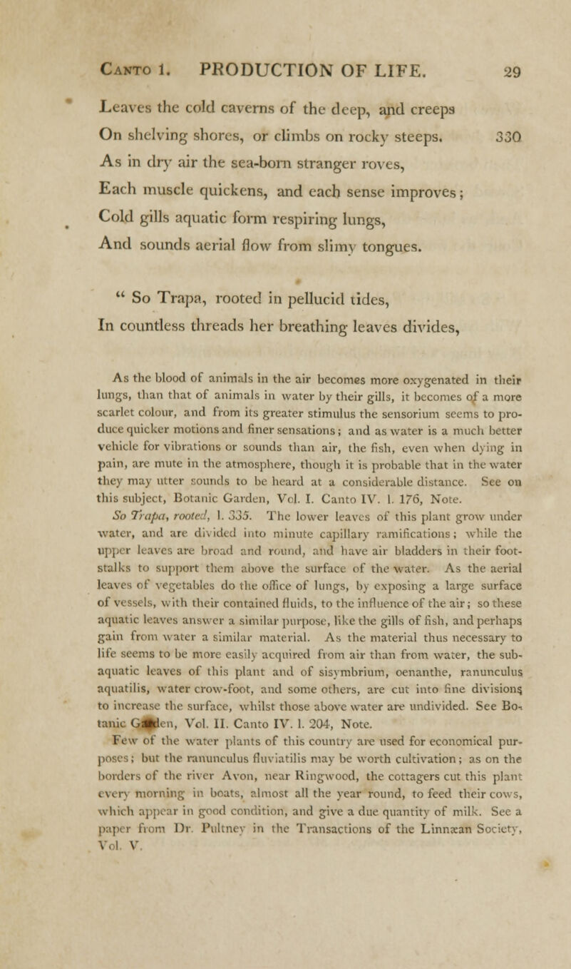 Leaves the cold caverns of the deep, and creeps On shelving shores, or climbs on rocky steeps. 330 As in dry air the sea-born stranger roves, Each muscle quickens, and each sense improves; Cold gills aquatic form respiring lungs, And sounds aerial flow from slimy tongues.  So Trapa, rooted in pellucid tides, In countless threads her breathing leaves divides, As the blood of animals in the air becomes more oxygenated in tlieir lungs, than that of animals in water by their gills, it becomes of a more scarlet colour, and from its greater stimulus the sensorium seems to pro- duce quicker motions and finer sensations; and as water is a much better vehicle for vibrations or sounds than air, the fish, even when dying in pain, are mute in the atmosphere, though it is probable that in the water they may utter sounds to be heard at a considerable distance. See on this subject, Botanic Garden, Vol. I. Canto IV. 1. 176, Note. So Trapa, rooted, 1. 335. The lower leaves of this plant grow under water, and are divided into minute capillary ramifications; while the Upper leaves are broad and round, and have air bladders in their foot- stalks to support them above the surface of the water. As the aerial leaves of vegetables do the office of lungs, by exposing a large surface Is, with their contained fluids, to the influence of the air; so these aquatic leaves answer a similar purpose, like the gills offish, and perhaps gain from w ater a similar material. As the material thus necessary to life seems to be more easily acquired from air titan from water, the sub- aquatic leaves of this plant and of sisymbrium, oenanthe, ranunculus nquatilis, water crow-foot, and some others, are cut into fine divisions, to increase the surface, whilst those above water are undivided. See Bo-. tank G^len, Vol. II. Canto IV. 1. 204, Note. Few of the water plants of this country arc used for economical pur- poses; but the ranunculus fruviatilia may be worth cultivation; as on the borders of the river Avon, near Ringwood, the cottagers cut this plant ever) morning in boats, almost all the year round, to feed their cows, which appear in good condition, and give a due quantity of milk. See a paper from Dr. Pultncv in the Transactions of the Linnxan Society, Vol V