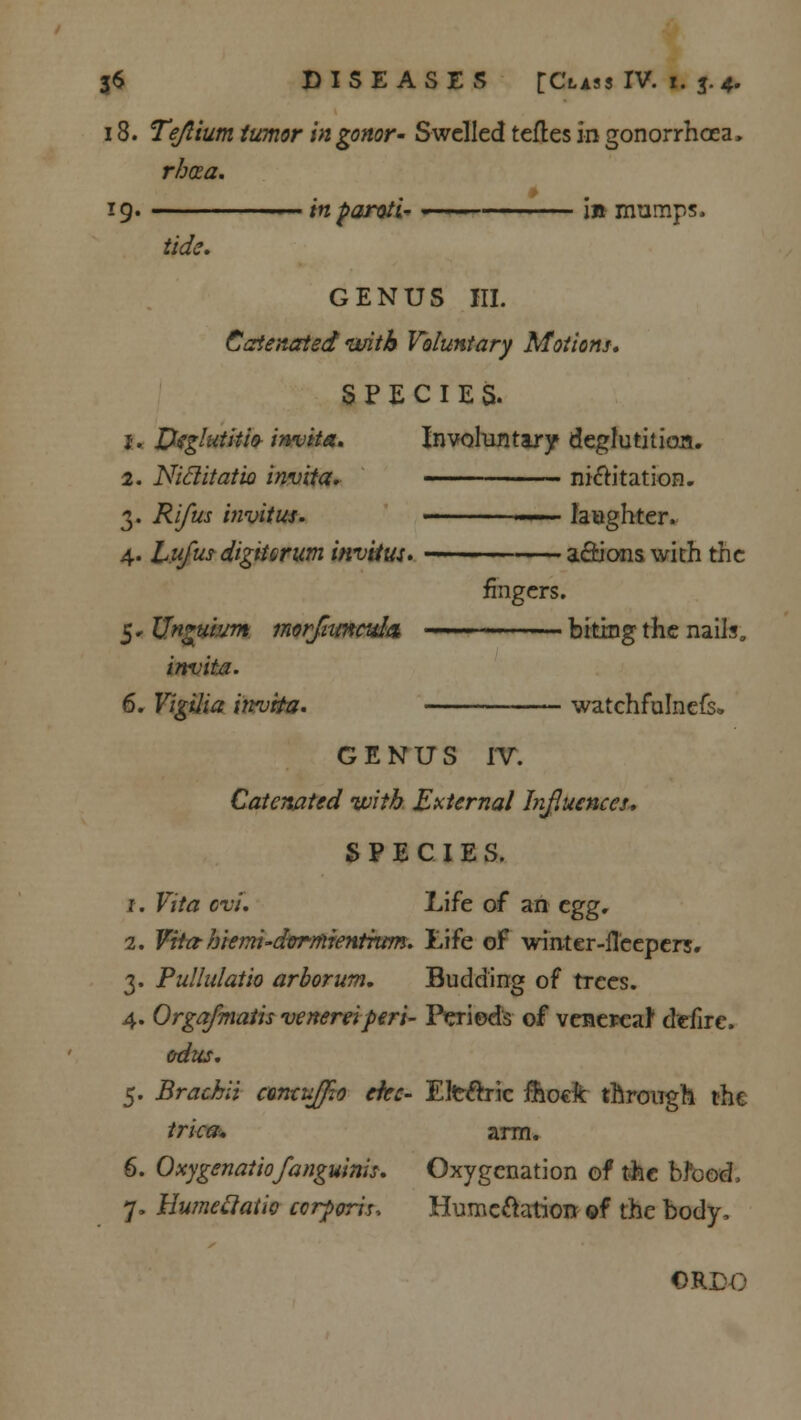 18. Tejlium tumor in gonor- Swelled teftes in gonorrhoea, rhcea. 19. _ in parotic <—■ in mumps. tide. GENUS HI. Catenated with Voluntary Motions. SPECIES. j. Oeglutitio-invita. Involuntary deglutition. 2. Niclitatio invita. nictitation. 3. Rifus invitus. — laughter. 4. L.ufus digiterum invitus. — a&ions with the fingers. 5. Unguium morfivjtcub biting the nails, invita. 6. Vigilia invito. watchfulnefs. GENUS IV. Catenated with External Influences. SPECIES. 1. Vita ovi. Life of an egg. 2. Viia-hiemudormientrum. Life of winter-fleepers, 3. Pullulatio arbor urn. Budding of trees. 4. Orgafmatis venereiperi- Periods of venereal* defirc. <rdw. 5. Brachii cmcuffzo eiec- Elt&ric fhoek through the trica* arm. 6. Oxygenatiofanguinis. Oxygenation of the Mood, 7. Humeftatio corporis, Humcftation of the body, OUDO