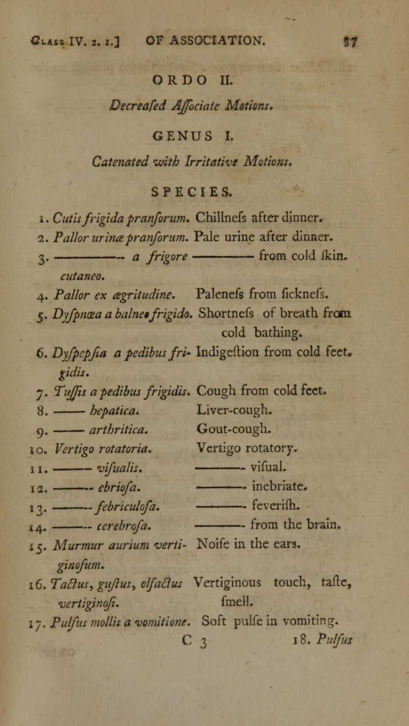 OR DO II. Decreafed AJfociate Motions. GENUS I. Catenated with Irritative Motions. SPECIES. i. Cutis frigida pranforum. Chillnefs after dinner. 2. Pallor urina pranforum. Pale urine after dinner. g. » a frigore from cold ikin. cutaneo. 4. Pallor ex agritudine. Palenefs from ficknefs. 5. Dyfpnoea a balne§frigido. Shortnefs of breath from cold bathing. 6. Dyfpcpfia a pedibus fri* Indigeflion from cold feet. gidis. y. Tujfts a pedibus frigidis. Cough from cold feet. 8. hepatica. Liver-cough. arthritica. Gout-cough. 10. Vertigo rotatoria. Vertigo rotatory. 11. — vifualis. vifual. 12. ebriofa. inebriate. I« febriculofa. feverim. 14. cerebrofa. from the brain. 15. Murmur aurium verti- Noife in the ears. ginofum. i6.Taftus,guJlusycIfadus Vertiginous touch, raftc, vertiginoft. fmell. 17. Pulfits mollis a vomitione. Soft pulfe in vomiting. C 3 18. Pulfus