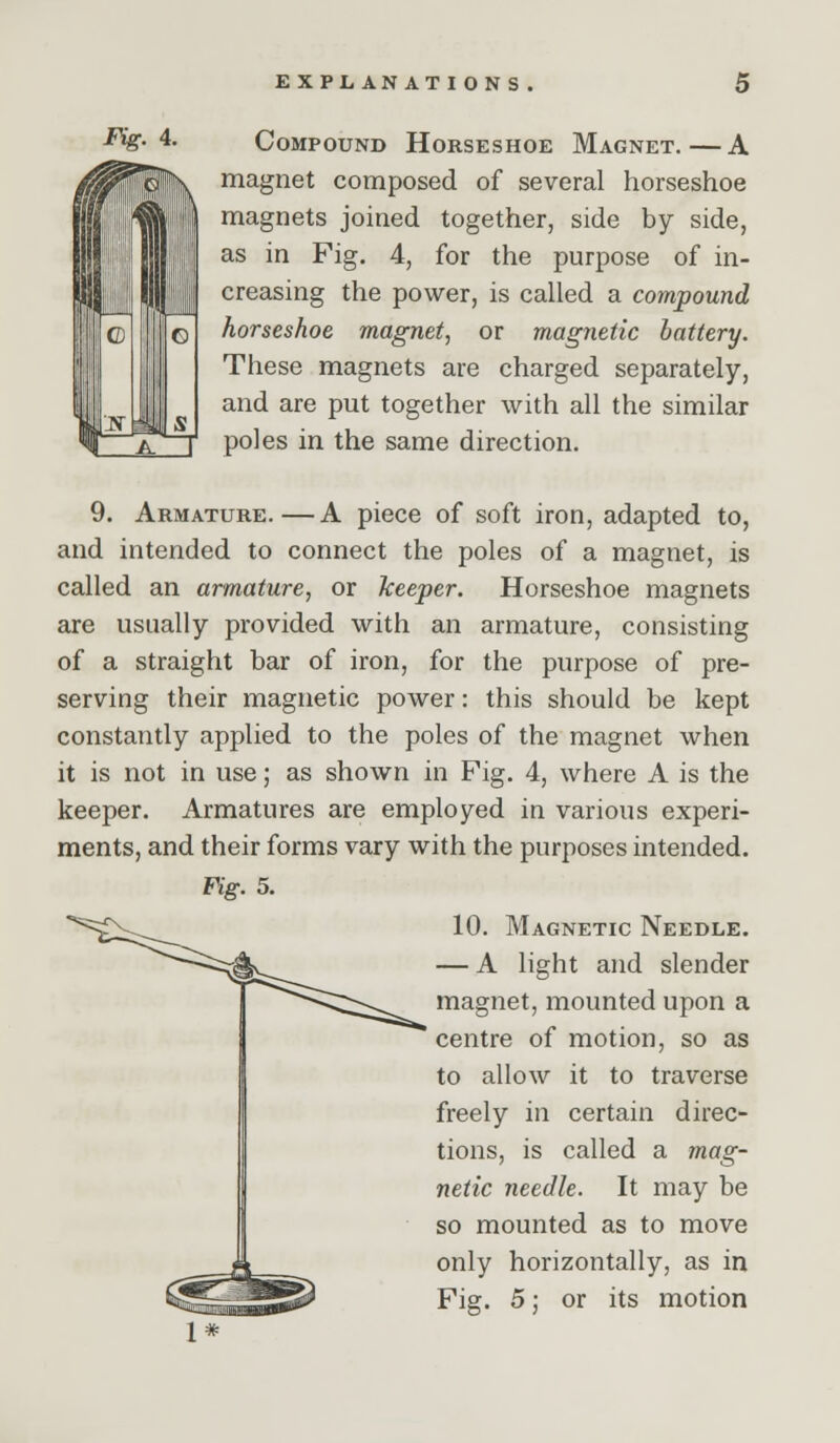 EXPLAN AT IO N S . Fig. 4. Compound Horseshoe Magnet.—A magnet composed of several horseshoe magnets joined together, side by side, as in Fig. 4, for the purpose of in- creasing the power, is called a compound horseshoe magnet, or magnetic battery. These magnets are charged separately, and are put together with all the similar poles in the same direction. 9. Armature.—A piece of soft iron, adapted to, and intended to connect the poles of a magnet, is called an armature, or keeper. Horseshoe magnets are usually provided with an armature, consisting of a straight bar of iron, for the purpose of pre- serving their magnetic power: this should be kept constantly applied to the poles of the magnet when it is not in use; as shown in Fig. 4, where A is the keeper. Armatures are employed in various experi- ments, and their forms vary with the purposes intended. Fig. 5. 10. Magnetic Needle. — A light and slender magnet, mounted upon a centre of motion, so as to allow it to traverse freely in certain direc- tions, is called a mag- netic needle. It may be so mounted as to move only horizontally, as in Fig. 5; or its motion