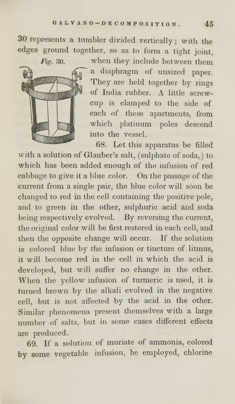 30 represents a tumbler divided vertically; with the edges ground together, so as to form a tight joint, Fig. 30. when they include between them a diaphragm of unsized paper. They are held together by rings of India rubber. A little screw- cup is clamped to the side of each of these apartments, from which platinum poles descend into the vessel. 68. Let this apparatus be filled with a solution of Glauber's salt, (sulphate of soda,) to which has been added enough of the infusion of red cabbage to give it a blue color. On the passage of the current from a single pair, the blue color will soon be changed to red in the cell containing the positive pole, and to green in the other, sulphuric acid and soda being respectively evolved. By reversing the current, the original color will be first restored in each cell, and then the opposite change will occur. If the solution is colored blue by the infusion or tincture of litmus, it will become red in the cell in which the acid is developed, but will suffer no change in the other. When the yellow mfusion of turmeric is used, it is turned brown by the alkali evolved in the negative cell, but is not aff'ected by the acid in the other. Similar phenomena present themselves with a large number of salts, but in some cases diff'erent effects are produced. 69. If a solution of muriate of ammonia, colored by some vegetable infusion, be employed, chlorine