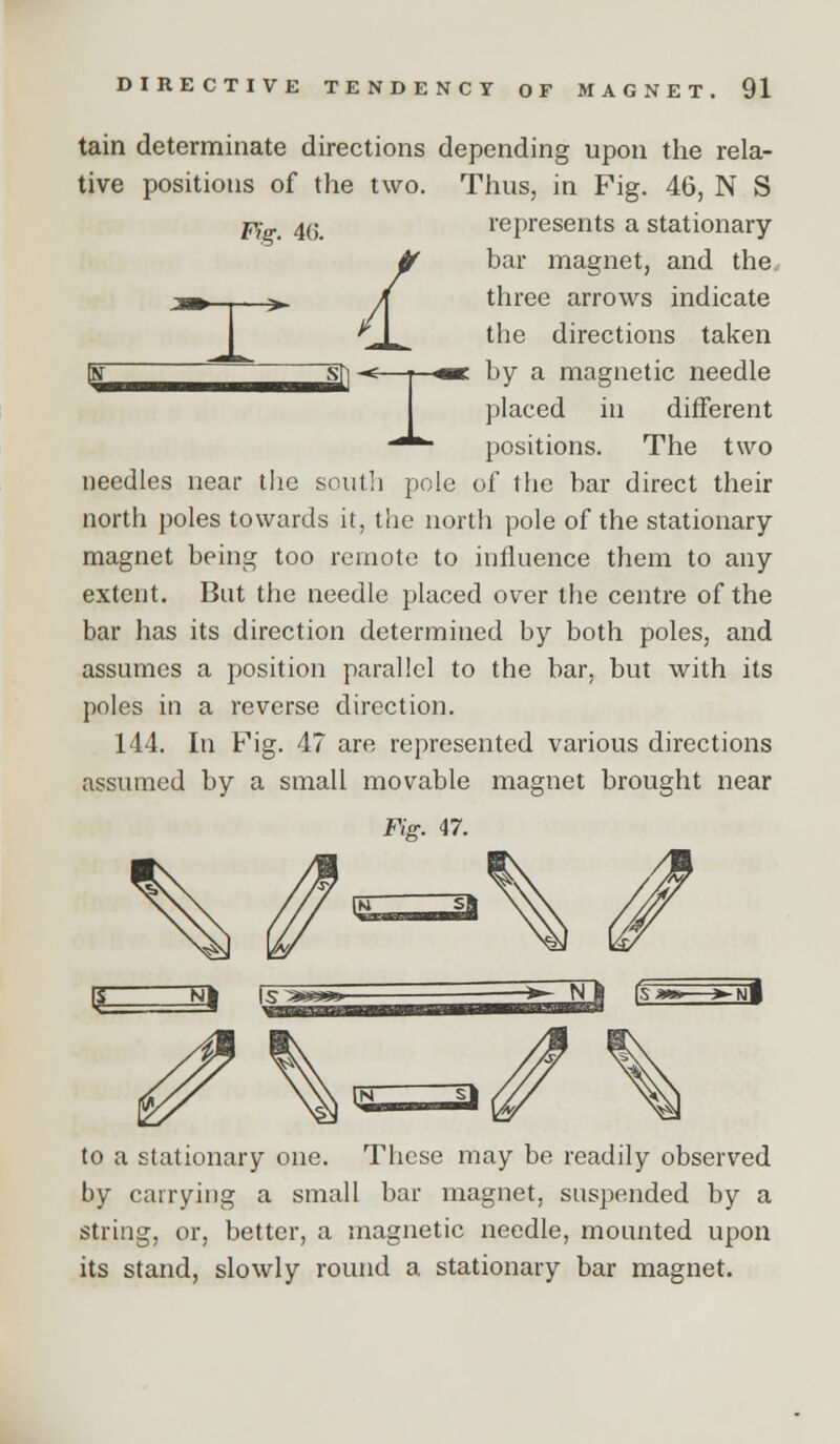 tain determinate directions depending upon the rela- tive positions of the two. Thus, in Fig. 46, N S Fig. 46. / represents a stationary bar magnet, and the. three arrows indicate the directions taken by a magnetic needle placed in different positions. The two needles near the soutli pole of the bar direct their north poles towards it, the north pole of the stationary magnet being too remote to influence them to any extent. But the needle placed over the centre of the bar has its direction determined by both poles, and assumes a position parallel to the bar, but with its poles in a reverse direction. 144. In Fig. 47 are represented various directions assumed by a small movable magnet brought near Fig. 47. to a stationary one. These may be readily observed by carrying a small bar magnet, suspended by a string, or, better, a magnetic needle, mounted upon its stand, slowly round a stationary bar magnet.