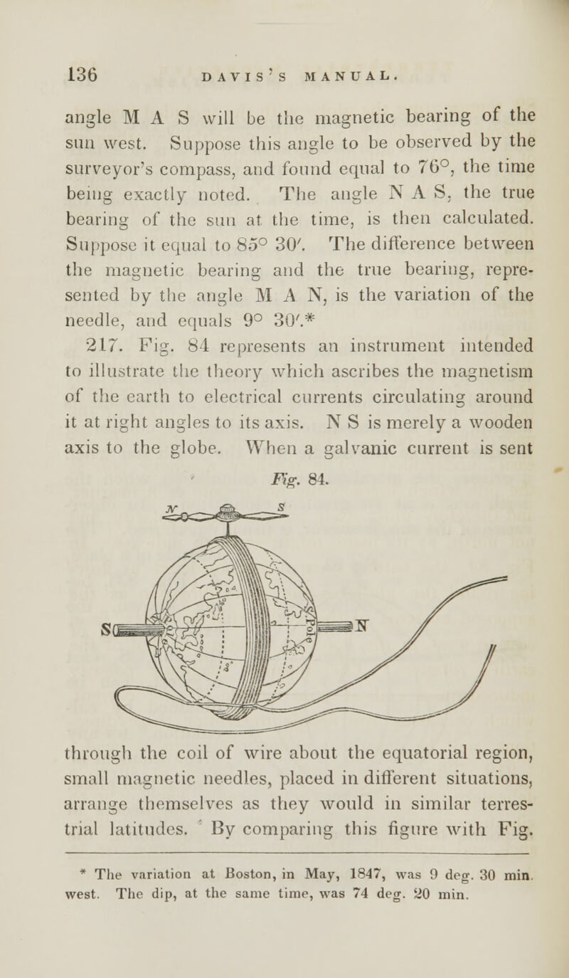 angle MAS will be the magnetic bearing of the sua west. Suppose this angle to be observed by the surveyor's compass, and found equal to 76°, the time being exactly noted. The angle N A S, the true bearing of the sun at the time, is then calculated. Suppose it equal to 85° 30'. The difference between the magnetic bearing and the true bearing, repre- sented by the angle M A N, is the variation of the needle, and equals 9° 30'.* 217. Fig. 84 represents an instrument intended to ilkistrate the theory which ascribes the magnetism of the earth to electrical currents circulating around it at right angles to its axis. N S is merely a wooden axis to the globe. When a galvanic current is sent Fig. 84. through the coil of wire about the equatorial region, small magnetic needles, placed in ditferent situations, arrange themselves as they would in similar terres- trial latitudes. ' By comparing this figure with Fig. * The variation at Boston, in May, 1847, was 9 deg. 30 min. west. The dip, at the same time, was 74 deg. ^0 min.