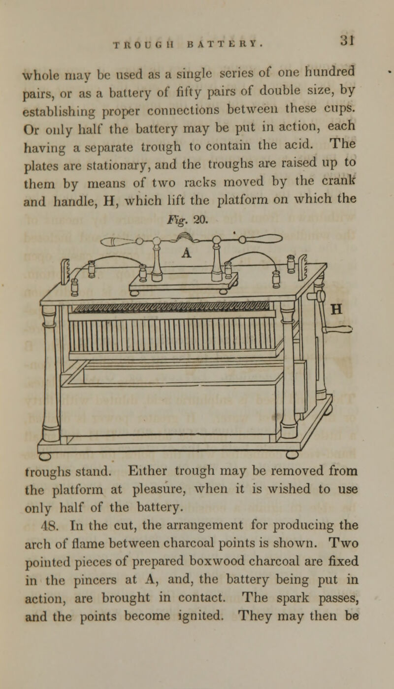 TROUGH BATTERY whole may be used as a single scries of one hundred pairs, or as a battery of fifty pairs of double size, by establishing proper connections between these cups. Or only half the battery may be put in action, each having a separate trough to contain the acid. The plates are stationary, and the troughs are raised up to them by means of two racks moved by the crank and handle, H, which lift the platform on which the Fig. 20. S — cr troughs stand. Either trough may be removed from the platform at pleasure, when it is wished to use only half of the battery. 48. In the cut, the arrangement for producing the arch of flame between charcoal points is shown. Two pointed pieces of prepared boxwood charcoal are fixed in the pincers at A, and, the battery being put in action, are brought in contact. The spark passes, and the points become ignited. They may then be