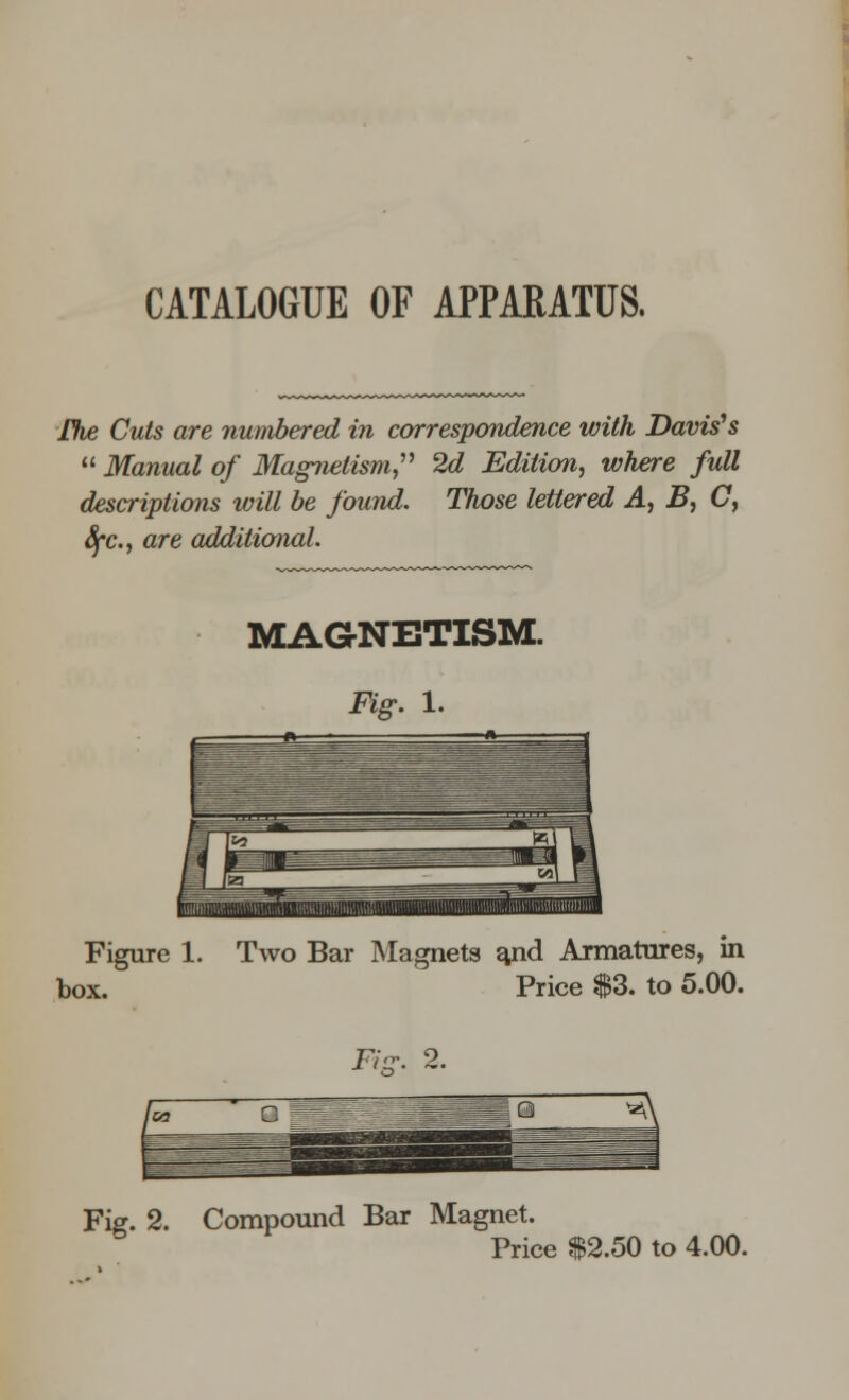 CATALOGUE OF APPARATUS, The Cuts are numbered in correspondence with Davis's  Manual of Magnetism, 2d Edition, where full descriptions will be found. These lettered A, JB, C, Sfc, are additional. MAGNETISM. Fig. 1. Figure 1. Two Bar Magnets a,nd Armatures, in box. Price $3. to 5.00. Fix. 2. Fig. 2. Compound Bar Magnet. Price $2.50 to 4.00.
