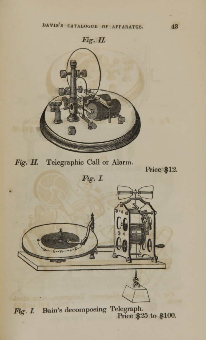 Fig. H. Fig. H. Telegraphic Call or Alarm. Fig. L Price $12. Fitr. I. Bain's decomposing Telegraph. ^ Price $25 to $100.