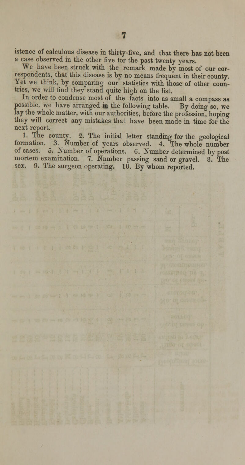 istence of calculous disease in thirty-five, and that there has not been a case observed in the other five tor the past twenty years. We have been struck with the remark made by most of our cor- respondents, that this disease is by no means frequent in their county. Yet we think, by comparing our statistics with those of other coun- tries, we will find they stand quite high on the list. In order to condense most of the facts into as small a compass as possible, we have arranged in the following table. By doing so, we lay the whole matter, with our authorities, before the profession, hoping they will correct any mistakes that have been made in time for the next report. 1. The county. 2. The initial letter standing for the geological formation. 3. Number of years observed. 4. The whole number of cases. 5. Number of operations. 6. Number determined by post mortem examination. 7. Nnmber passing sand or gravel. 8. The sex. 9. The surgeon operating. 10. By whom reported.