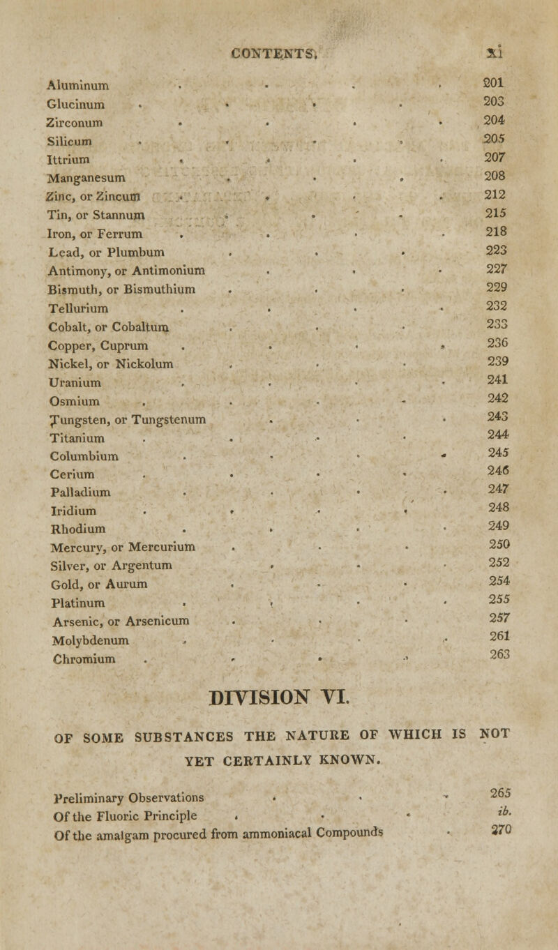 Aluminum 201 Glucinum 203 Zirconum 204 Silicum 205 Ittrium 207 Manganesum 208 Zinc, or Zincum 212 Tin, or Stannum 215 Iron, or Ferrum 218 Lead, or Plumbum 223 Antimony, or Antimonium 227 Bismutli, or Bismuthium 229 Tellurium 232 Cobalt, or Cobaltum 233 Copper, Cuprum 236 Nickel, or Nickolum 239 Uranium 241 Osmium 242 Tungsten, or Tungstenum 243 Titanium 244 Columbium 245 Cerium 246 Palladium 247 Iridium . » 248 Rhodium 249 Mercury, or Mercurium 250 Silver, or Argentum 252 Gold, or Aurum 254 Platinum . • 255 Arsenic, or Arsenicum 257 Molybdenum 261 Chromium 263 DIVISION VI. OF SOME SUBSTANCES THE NATURE OF WHICH IS NOT YET CERTAINLY KNOWN. Preliminary Observations Of the Fluoric Principle . Of the amalgam procured from ammoniacal Compounds 265 ib. 270