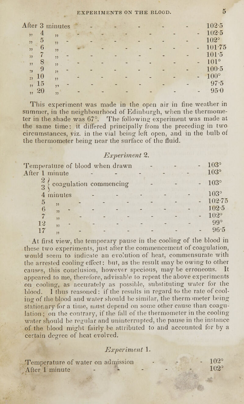 11 4 j) 5) 5 )? 5) 6 )> )■> 7 ii 11 S ii ;> 9 ii :> 10 ii 5? 15 20 ii EXPERIMENTS ON THE BLOOD. O - 1025 102° 10175 1015 - 101° 100-5 100° 975 950 This experiment was made in the open air in fine weather in summer, in the neighbourhood of Edinburgh, when the thermome- ter in the shade was 67°. The following experiment was made at the same time: it differed principally from the preceding in two circumstances, viz. in the vial being left open, and in the bulb of the thermometer being near the surface of the fluid. Experiment 2. Temperature of blood when drawn ... 103° After 1 minute - 103° o ( coagulation commencing - 103° 4 minutes ... - - 103° 5 ..... - 102-75 6 „ 102-5 7 „----- - 102° 12 ,. - - - - - 99° 17 „ - - - 96-5 At first view, the temporary pause in the cooling of the blood in these two experiments, just after the commencement of coagulation, would seem to indicate an evolution of heat, commensurate with the arrested cooling effect: but, as the result may be owing to other causes, this conclusion, however specious, may be erroneous. It appeared to me, therefore, advisable to repeat the above experiments on cooling, as accurately as possible, substituting water for the blood. I thus reasoned: if the results in regard to the rale of cool- ing of the blood and water should be similar, the thermometer being stationary for a time, must depend on some other cause than coagu- lation ; on the contrary, if the fall of the thermometer in the cooling water should be regular and uninterrupted, the pause in the instance of the blood might fairly be attributed to and accounted for by a certain degree of heat evolved. Experiment 1. Temperature of water on admission - - - 102° After 1 minute - - - - - 102°