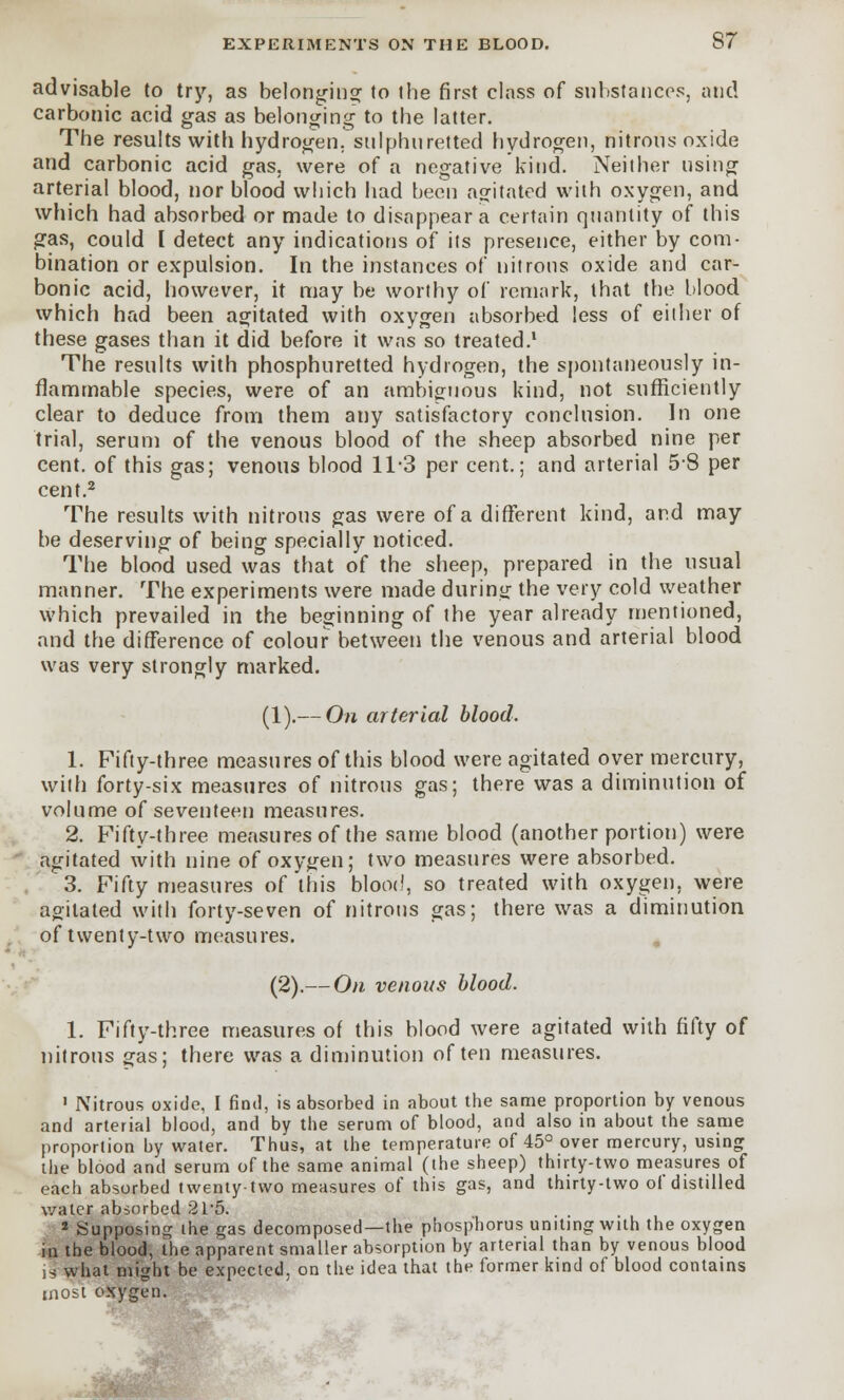 advisable to try, as belonging to the first class of substances, and carbonic acid gas as belonging to the latter. The results with hydrogen, sulphuretted hydrogen, nitrous oxide and carbonic acid gas, were of a negative kind. Neither using arterial blood, nor blood which had been agitated with oxygen, and which had absorbed or made to disappear a certain quantity of this gas, could I detect any indications of its presence, either by com- bination or expulsion. In the instances of nitrous oxide and car- bonic acid, however, it may be worthy of remark, that the blood which had been agitated with oxygen absorbed less of either of these gases than it did before it was so treated.1 The results with phosphuretted hydrogen, the spontaneously in- flammable species, were of an ambiguous kind, not sufficiently clear to deduce from them any satisfactory conclusion. In one trial, serum of the venous blood of the sheep absorbed nine per cent, of this gas; venous blood 11-3 per cent.; and arterial 58 per cent.2 The results with nitrous gas were of a different kind, and may be deserving of being specially noticed. The blood used was that of the sheep, prepared in the usual manner. The experiments were made during the very cold weather which prevailed in the beginning of the year already mentioned, and the difference of colour between the venous and arterial blood was very strongly marked. (1).— On arterial blood. 1. Fifty-three measures of this blood were agitated over mercury, with forty-six measures of nitrous gas; there was a diminution of volume of seventeen measures. 2. Fifty-three measures of the same blood (another portion) were agitated with nine of oxygen; two measures were absorbed. 3. Fifty measures of this blood, so treated with oxygen, were agitated with forty-seven of nitrous gas; there was a diminution of twenty-two measures. (2).— On venous blood. 1. Fifty-three measures of this blood were agitated with fifty of nitrous gas; there was a diminution often measures. 1 Nitrous oxide, I find, is absorbed in about the same proportion by venous and arterial blood, and by the serum of blood, and also in about the same proportion by water. Thus, at the temperature of 45° over mercury, using the blood and serum of the same animal (the sheep) thirty-two measures of each absorbed twenty-two measures of this gas, and thirty-two of distilled water absorbed 215. 2 Supposing ihe gas decomposed—the phosphorus uniting with the oxygen in the blood, the apparent smaller absorption by arterial than by venous blood is what might be expected, on the idea that the former kind of blood contains most oxygen.