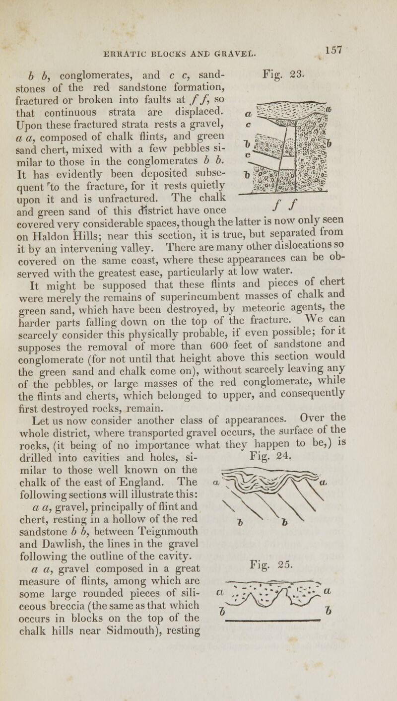 // b b, conglomerates, and c c, sand- Fig. 23- stones of the red sandstone formation, fractured or broken into faults at f f, so that continuous strata are displaced. Upon these fractured strata rests a gravel, a a, composed of chalk flints, and green sand chert, mixed with a few pebbles si- milar to those in the conglomerates b b. It has evidently been deposited subse- quent rto the fracture, for it rests quietly upon it and is unfractured. The chalk and green sand of this district have once covered very considerable spaces, though the latter is now only seen on Haldon Hills; near this section, it is true, but separated from it by an intervening valley. There are many other dislocations so covered on the same coast, where these appearances can be ob- served with the greatest ease, particularly at low water. It might be supposed that these flints and pieces of chert were merely the remains of superincumbent masses of chalk and green sand, which have been destroyed, by meteoric agents, the harder parts falling down on the top of the fracture. We can scarcely consider this physically probable, if even possible; for it supposes the removal of more than 600 feet of sandstone and conglomerate (for not until that height above this section would the green sand and chalk come on), without scarcely leaving any of the pebbles, or large masses of the red conglomerate, while the flints and cherts, which belonged to upper, and consequently first destroyed rocks, remain. Let us now consider another class of appearances. Over the whole district, where transported gravel occurs, the surface of the rocks, (it being of no importance what they happen to be,) is drilled into cavities and holes, si- milar to those well known on the chalk of the east of England. The following sections will illustrate this: a a, gravel, principally of flint and chert, resting in a hollow of the red sandstone b b, between Teignmouth and Dawlish, the lines in the gravel following the outline of the cavity. a a, gravel composed in a great measure of flints, among which are some large rounded pieces of sili- ceous breccia (the same as that which occurs in blocks on the top of the chalk hills near Sidmouth), resting Fig. 24.